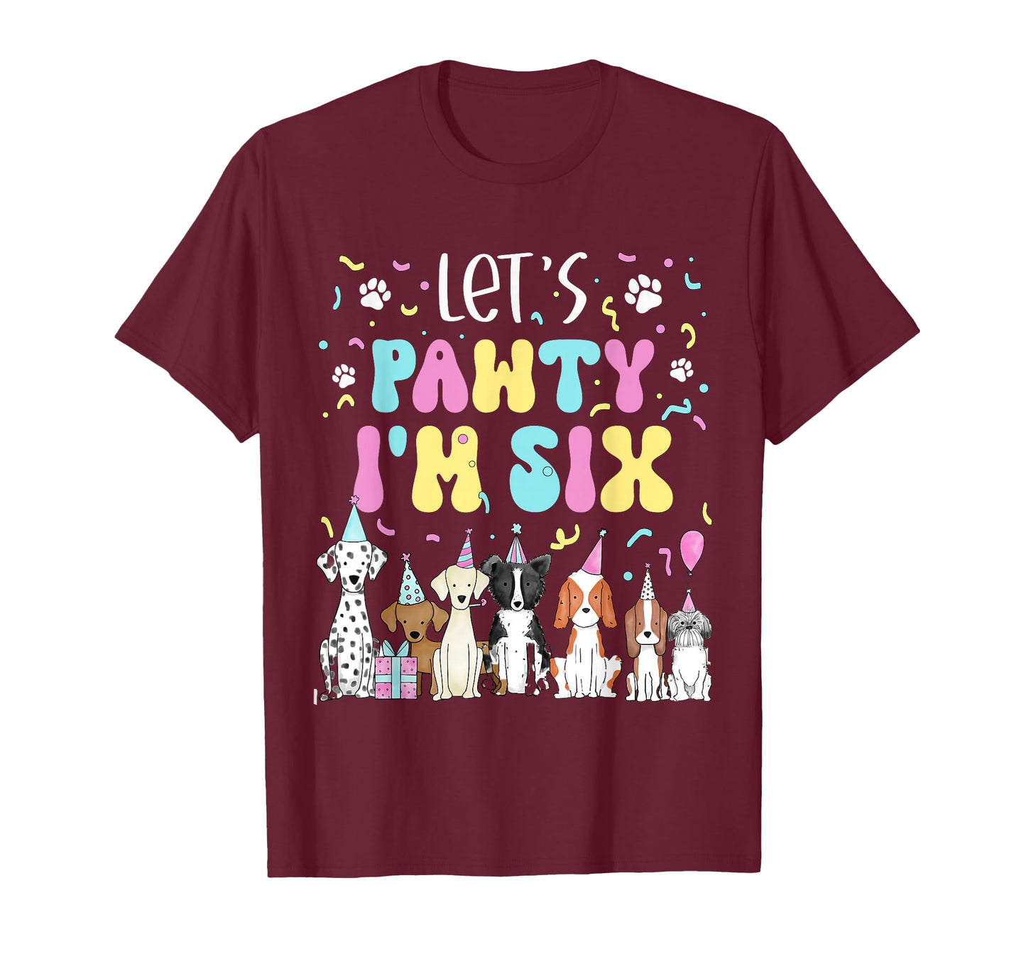 Kids Lets Pawty I'm Six Pet Puppy Dog Theme Birthday Party T-Shirt