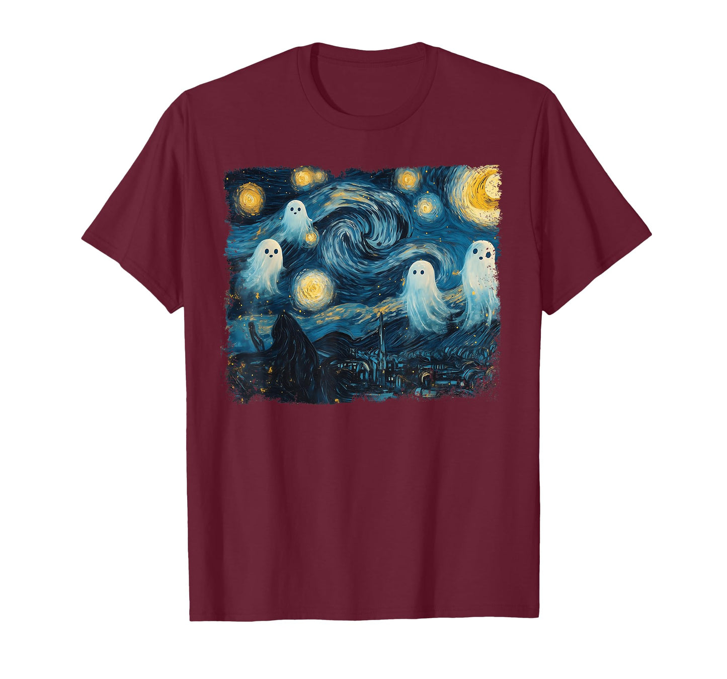 Cute Ghost Starry Night Halloween Spooky Retro Van Gogh Art T-Shirt