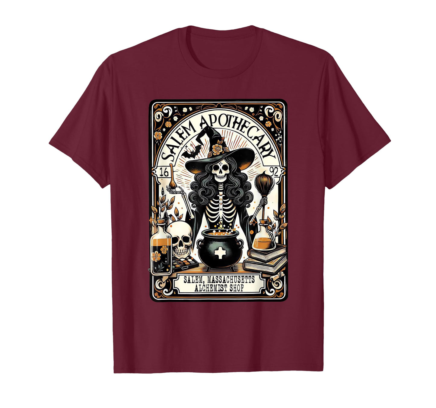 Vintage Salem Apothecary Skeleton Witch Spooky Halloween T-Shirt
