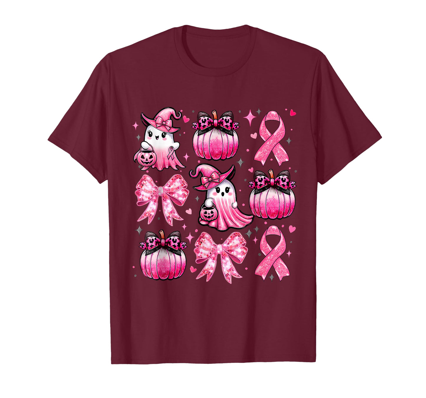 Pink Ghost Coquette Bow Halloween Breast Cancer Awareness T-Shirt