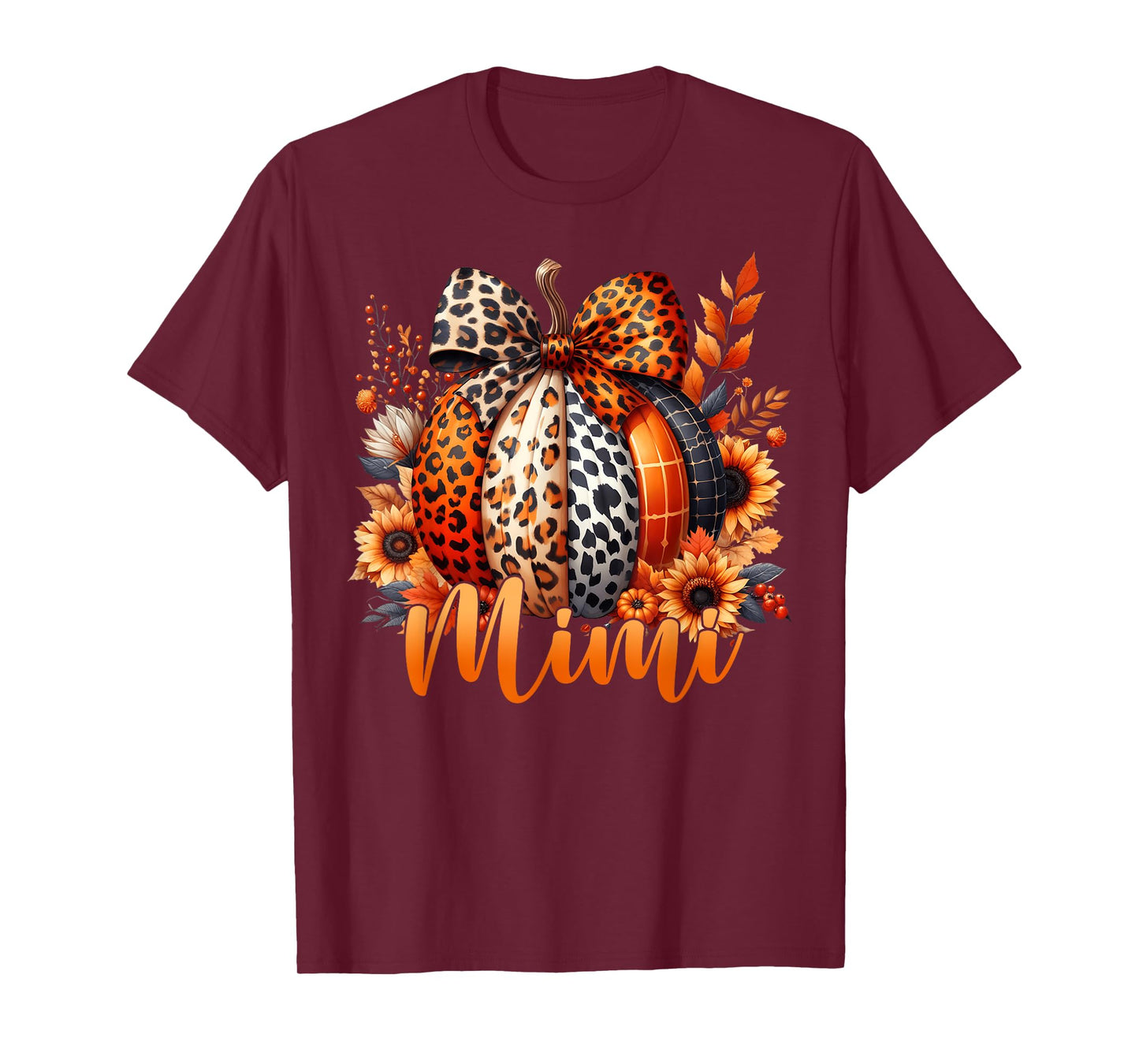 Mimi Thanksgiving Leopard Pumpkin Sunflower Coquette Bow T-Shirt