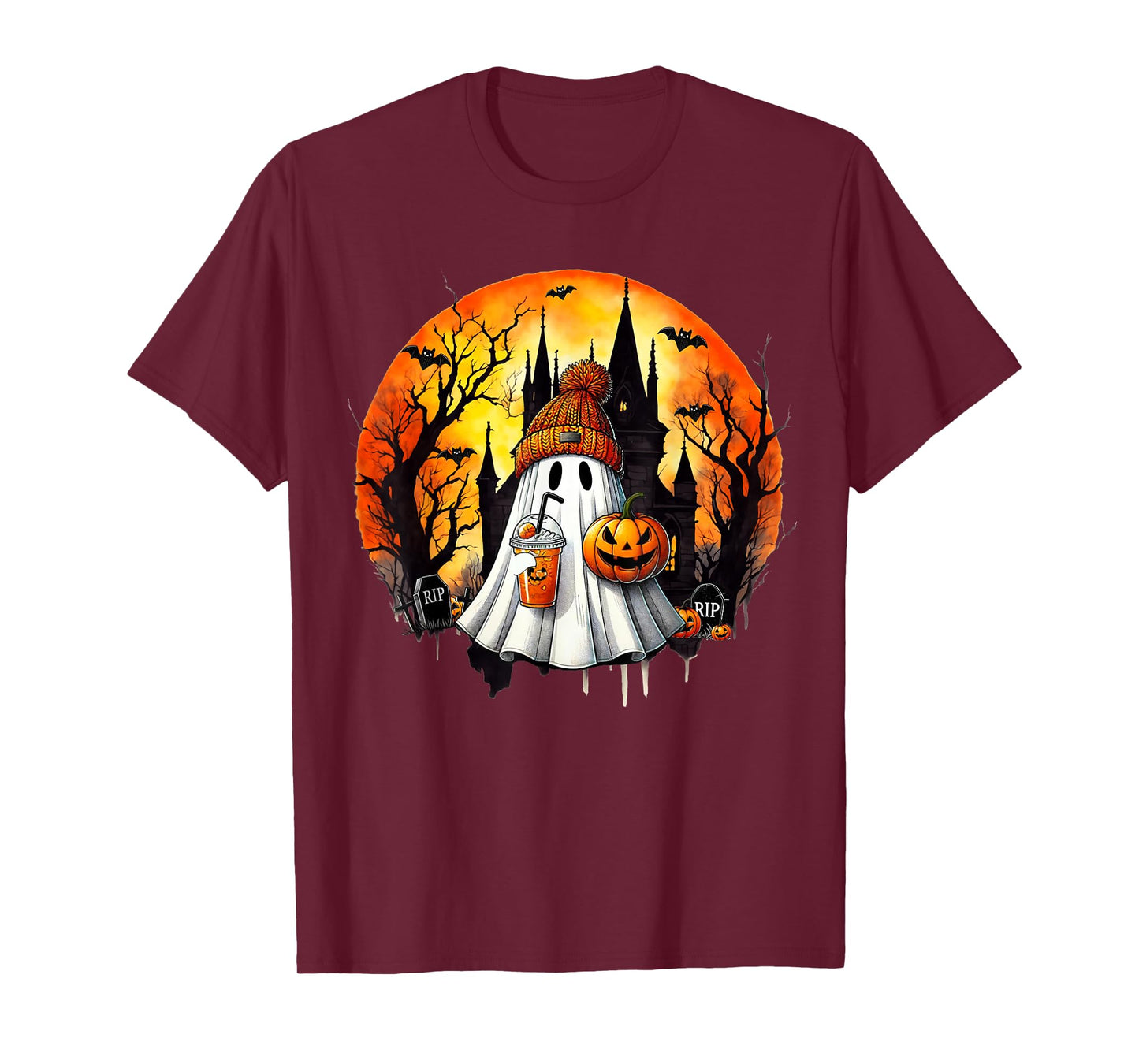 Cute Ghost Drinking Coffee Halloween Ghost Ice Coffee Womens T-Shirt