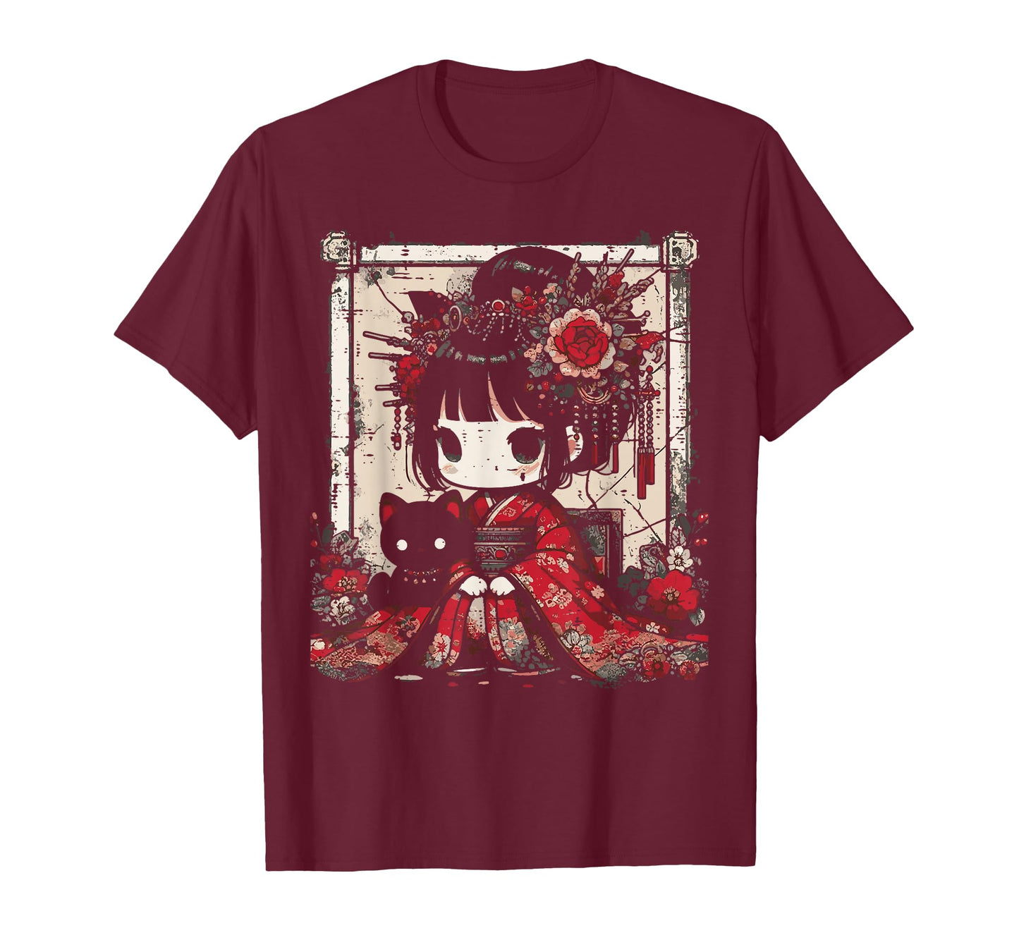 Chibi Kimono Girl Black Cat Flowers Japanese Art Women Kids T-Shirt