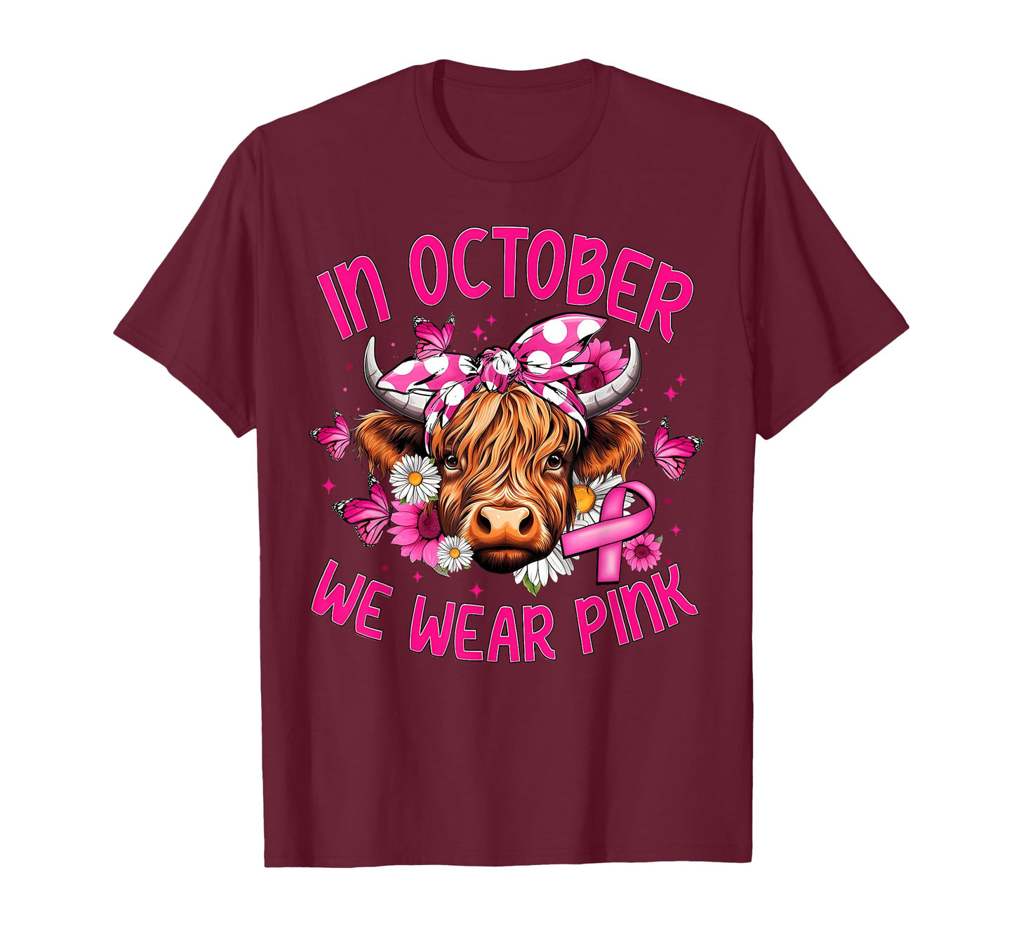 In October We Wear Pink Highland Cow Breast Cancer Awareness T-Shirt