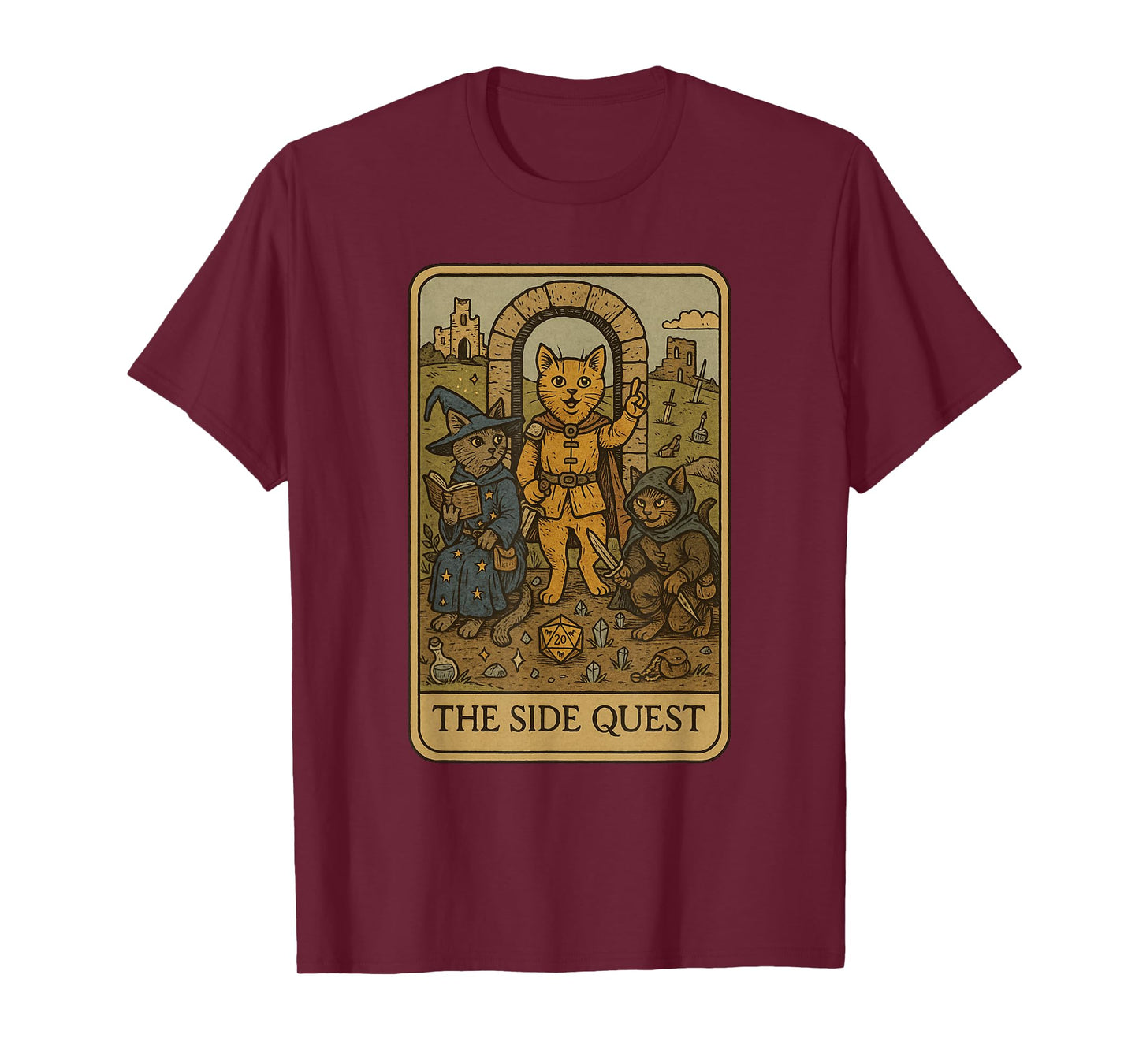 RPG Gamer Cats Funny Side Quest Tarot Card Nerdy Men Women T-Shirt