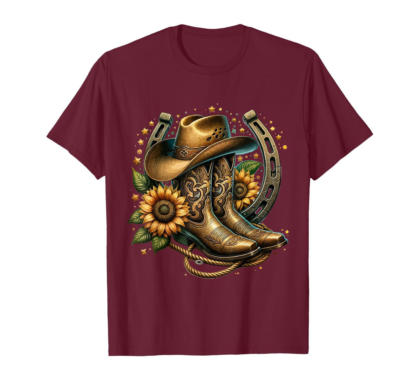 Vintage Rustic Western Country Cowboy Boot Art Tee - Women's Western Themed Floral Boot, Rope & Hat T-Shirt - Black, Small