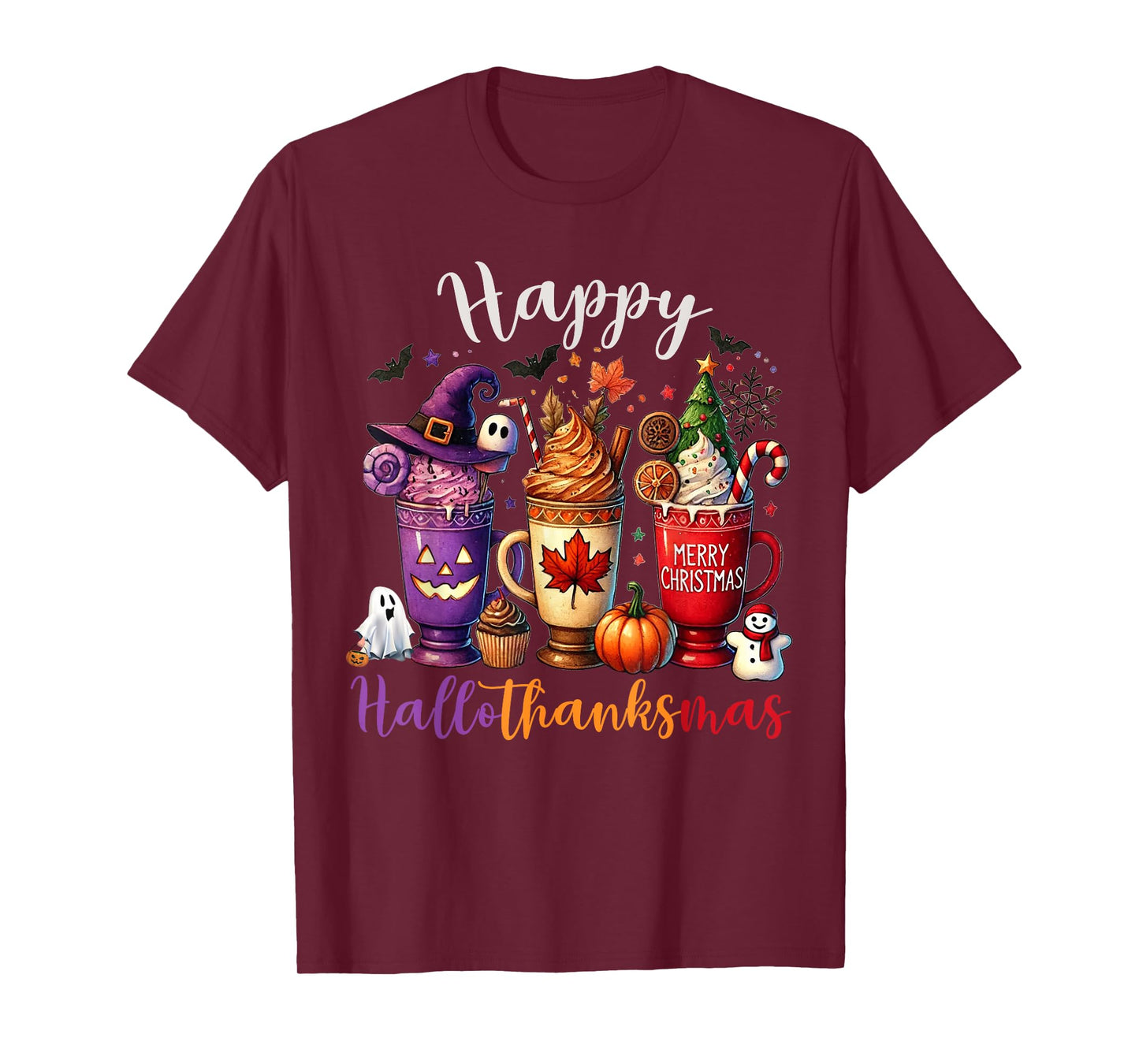 Happy Hallothanksmas Coffee Lover Halloween Merry Christmas T-Shirt