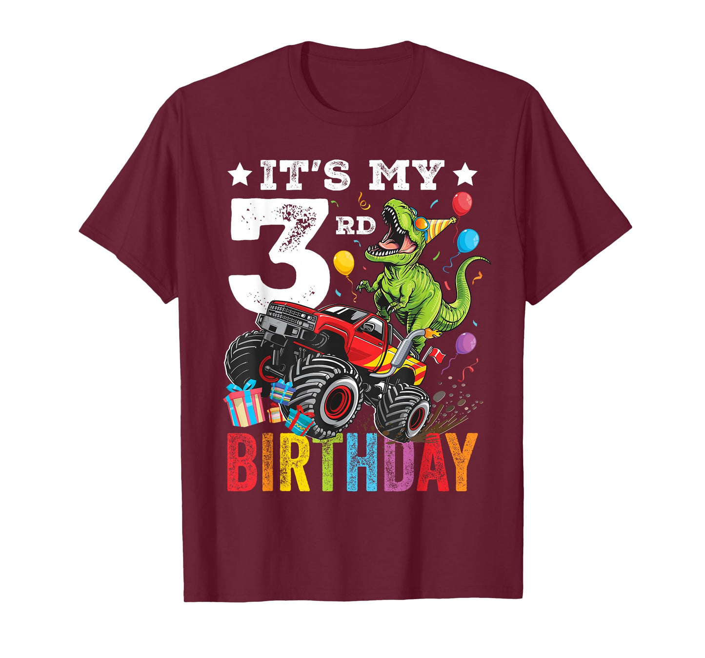 Three 3rd Birthday Dinosaur Monster Truck T-Shirt