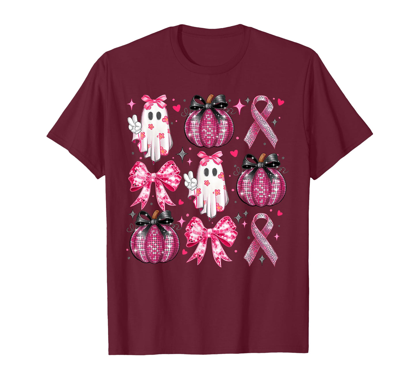 Halloween Pumpkin Pink Ribbon Disco Ghost Bow Breast Cancer T-Shirt