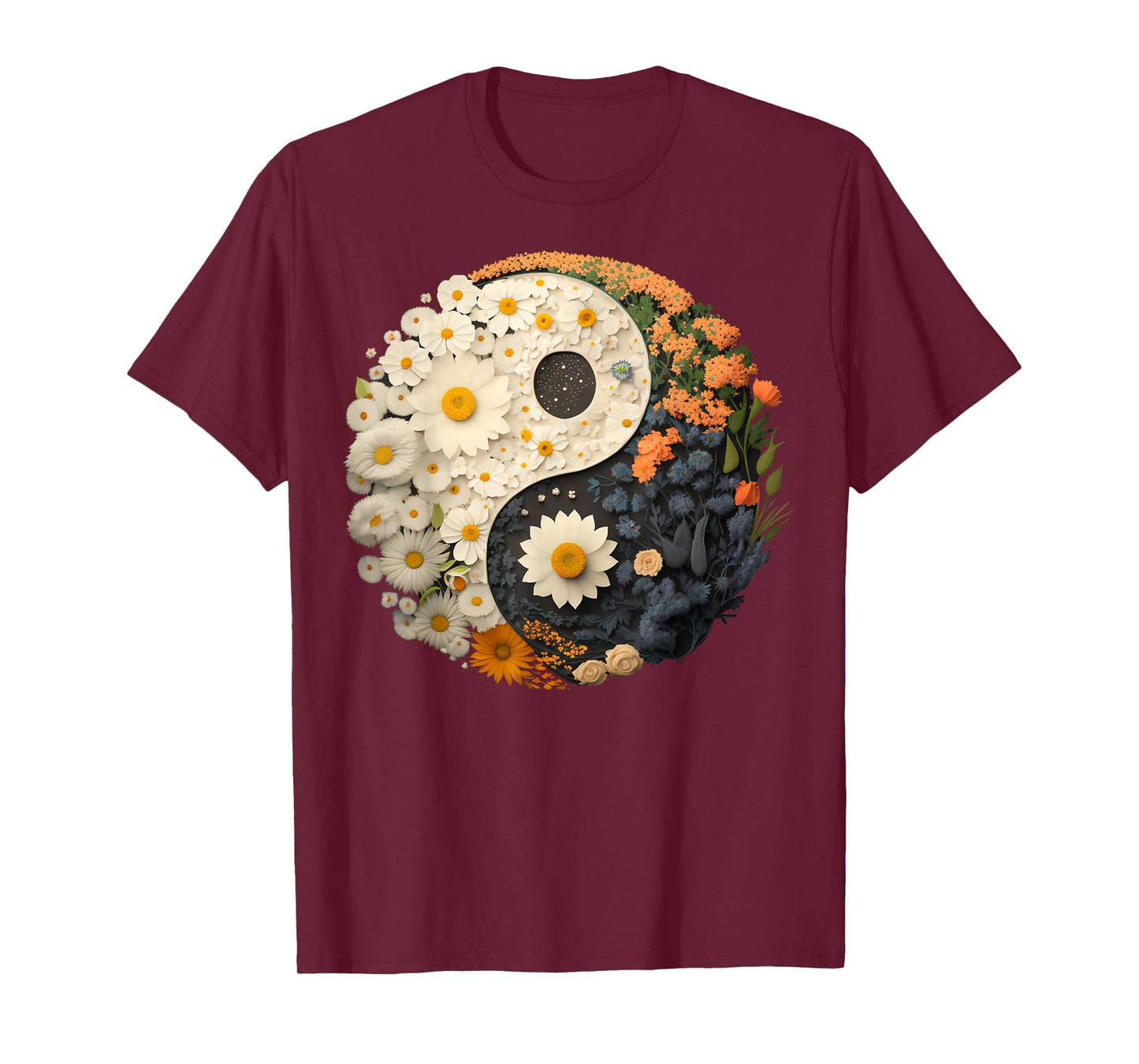 Floral Taoism Yin Yang Symbol on Flower Taijitu Yin Yang T-Shirt