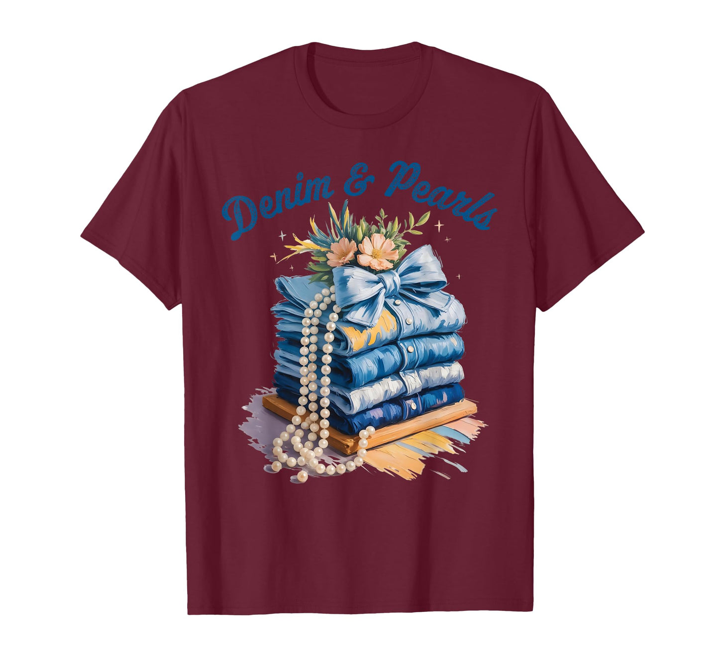 Pearls & Denim 2025 Oilpaint Style Outfit for Stylish Women T-Shirt
