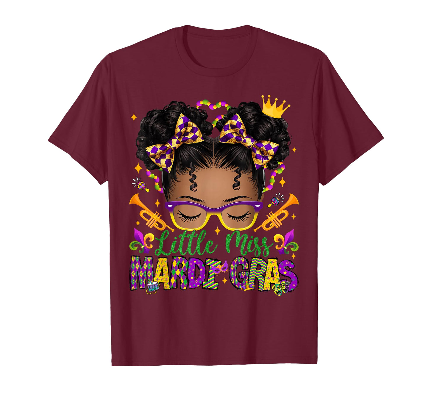 Little Miss Mardi Gras Afro Messy Bun Girls Kids New Orleans T-Shirt