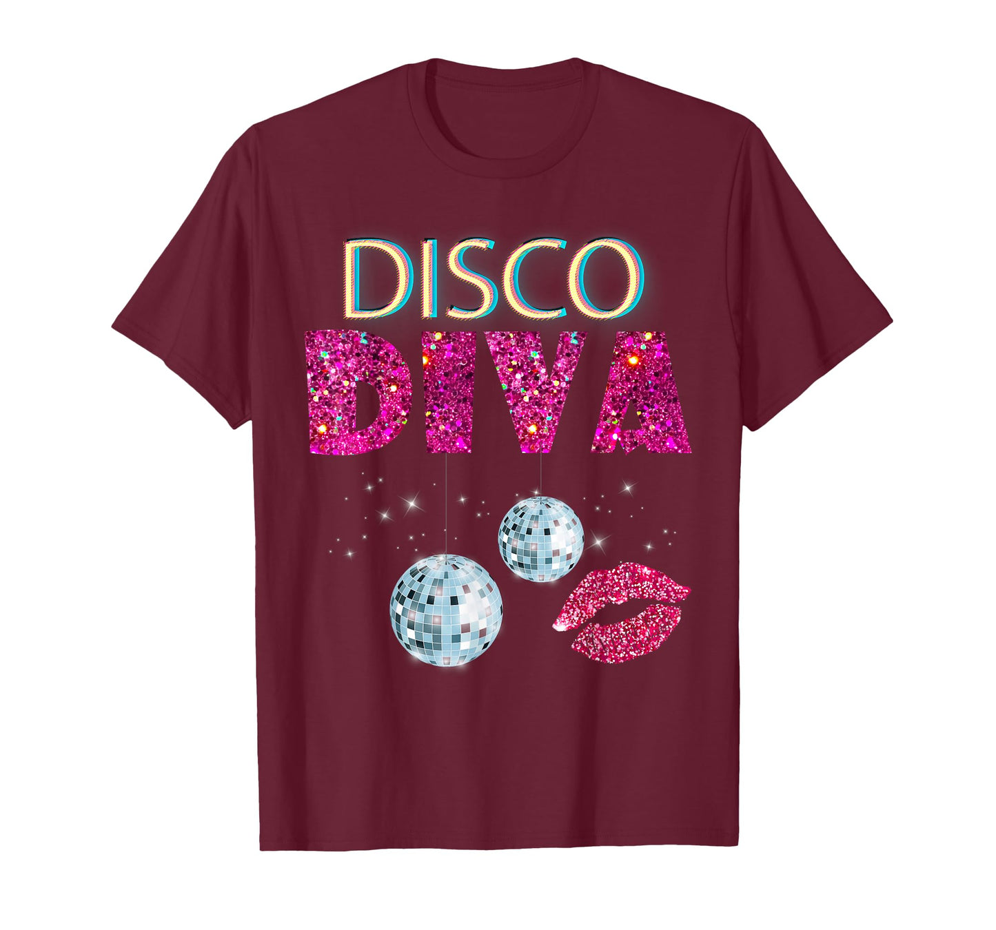 Disco Diva Ladies Disco Gold Ball Silver Red Lips T-Shirt