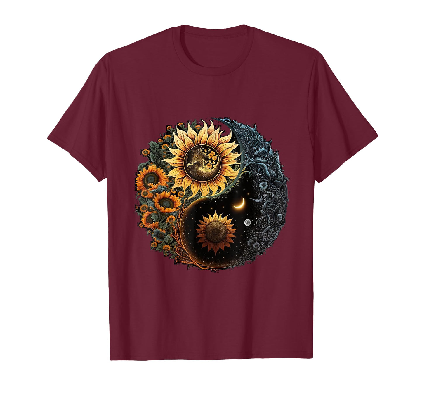 Yin And Yang Aesthetic Sunflower And Crescent Moon Art T-Shirt