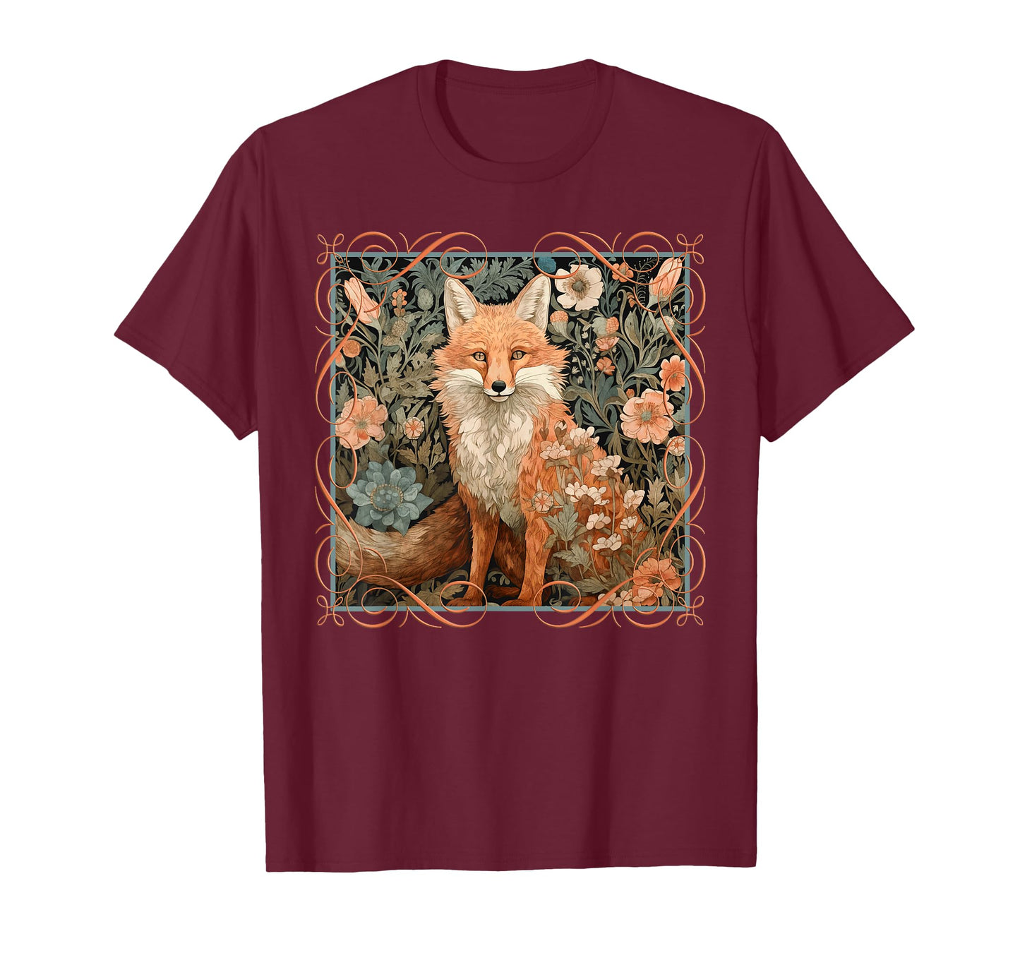 Red Fox in a William Morris Style Garden T-Shirt