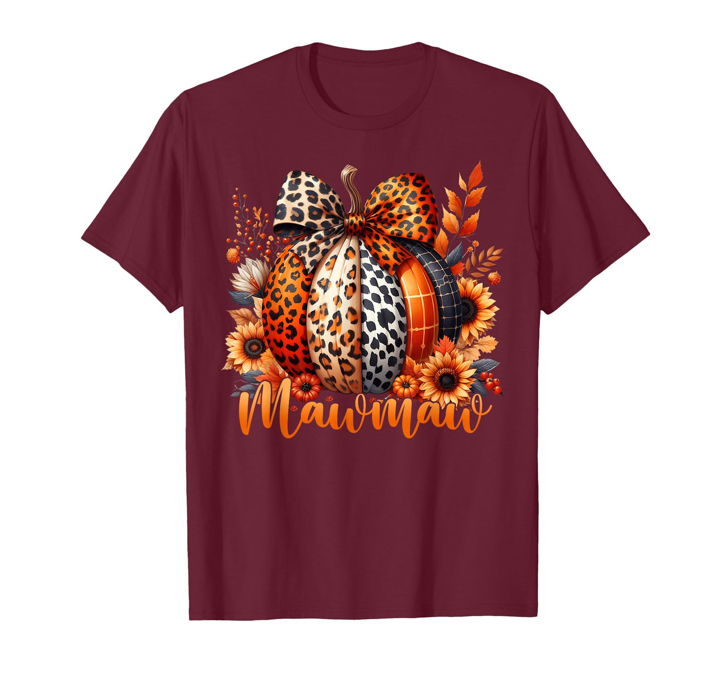 Mawmaw Thanksgiving Leopard Pumpkin Sunflower Coquette Bow T-Shirt