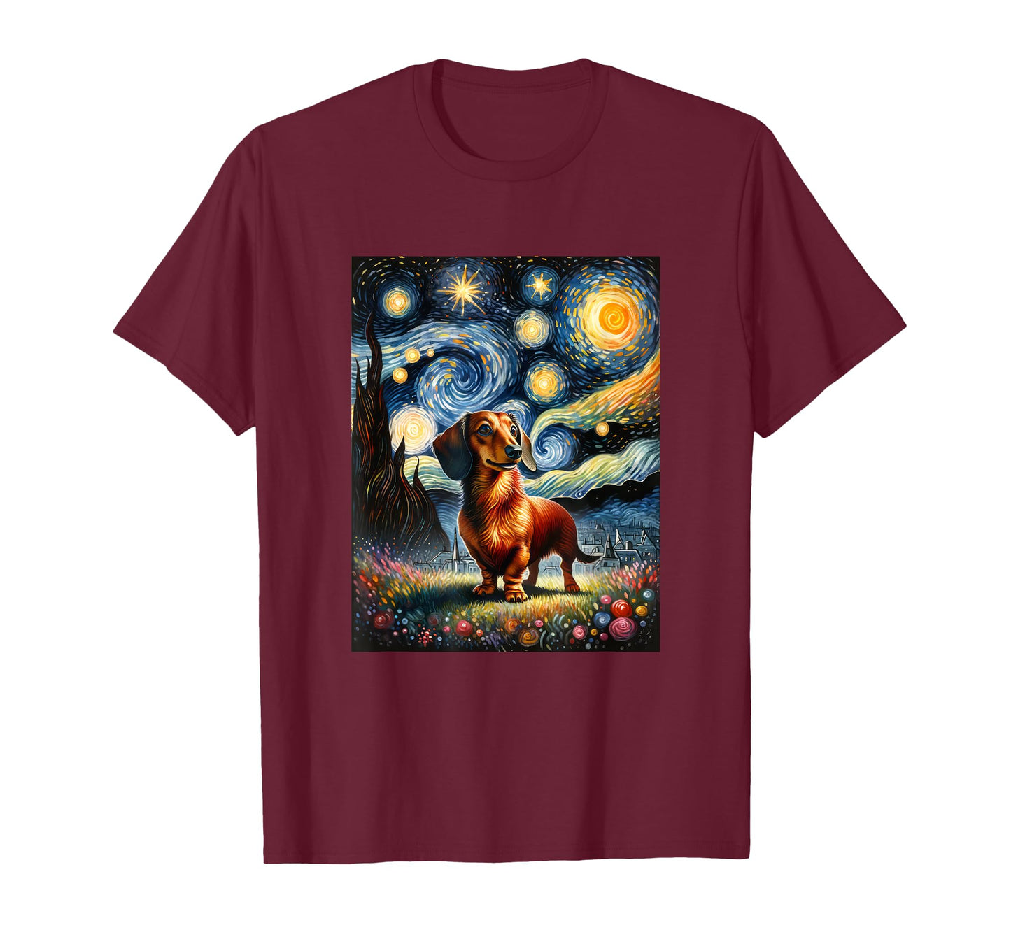 Dachshund Dog Van Gogh Starry Night Painting Men Women Girls Kids T-Shirt