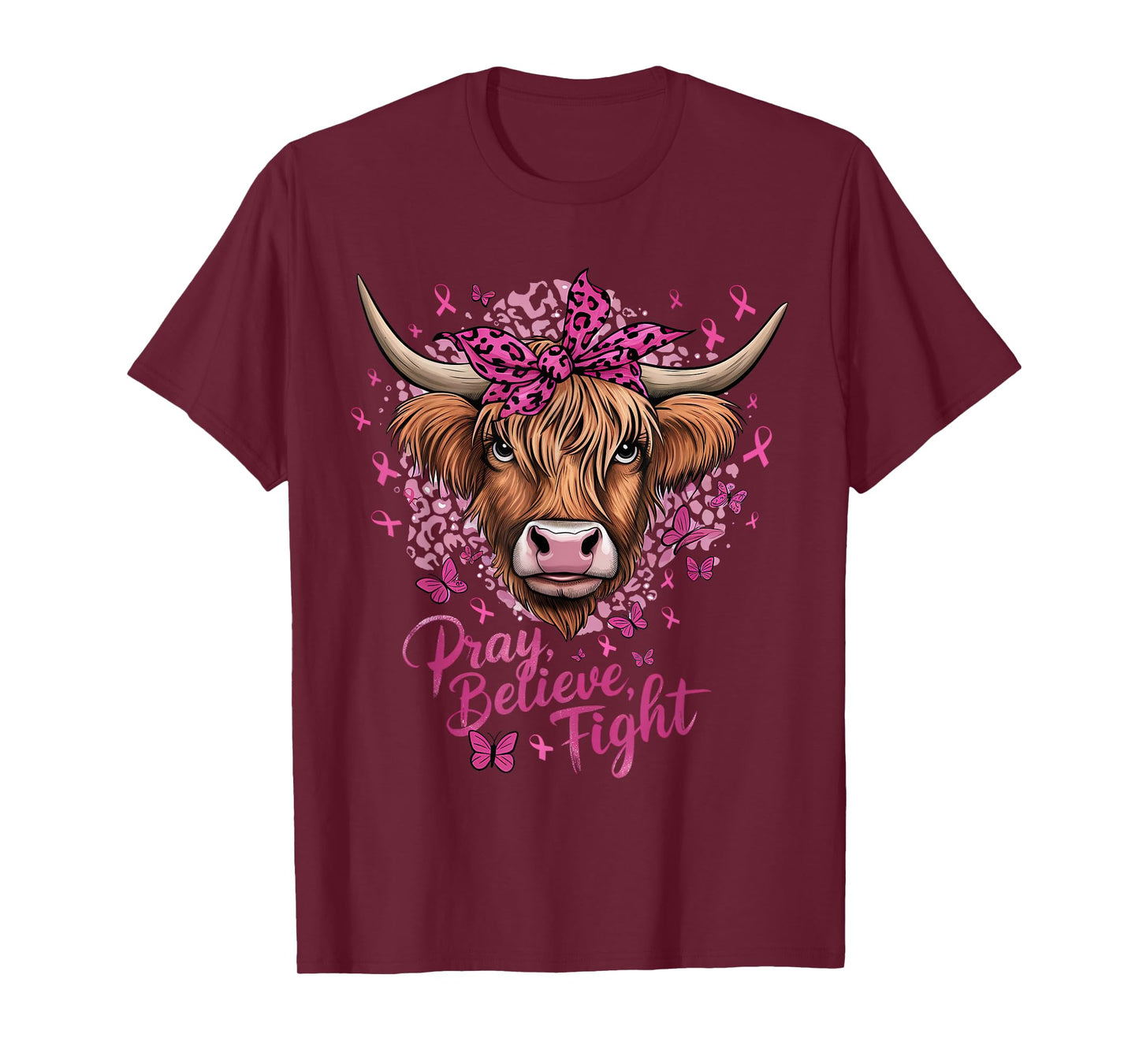 Highland Cow Pink Ribbon Breast Cancer Awareness T-Shirt