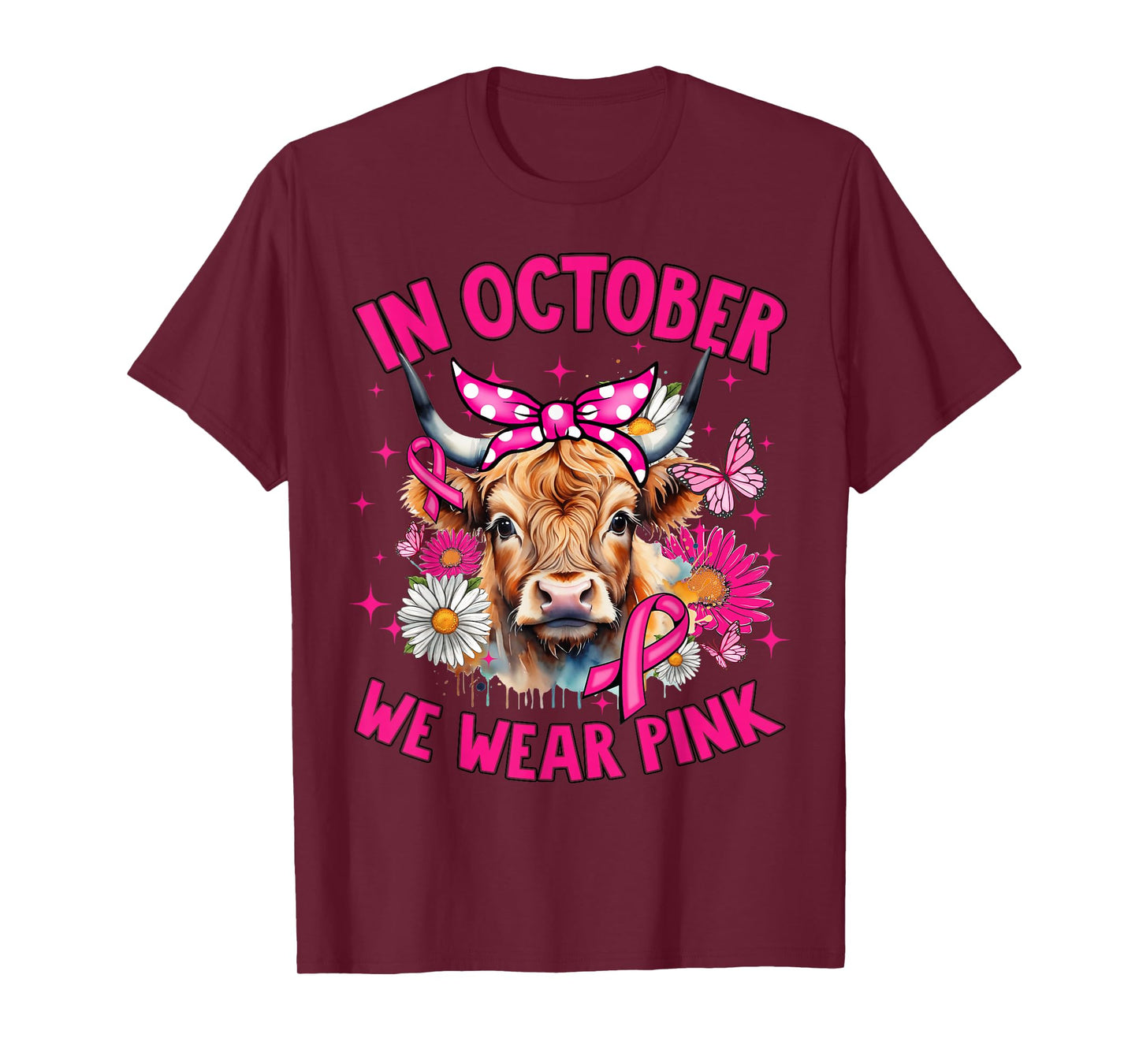 Highland Cow In October We Wear Pink Breast Cancer Month T-Shirt