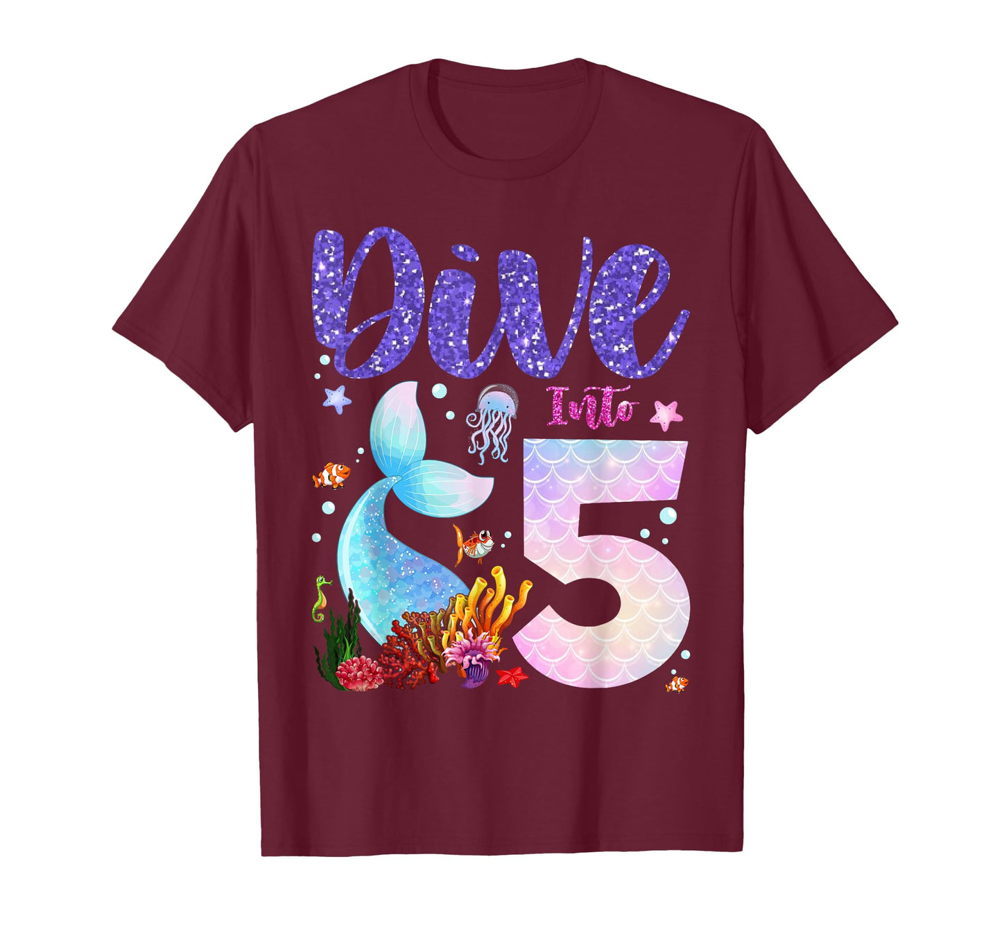Dive Into 5 Birthday Decorations Girl 5th Birthday Mermaid T-Shirt