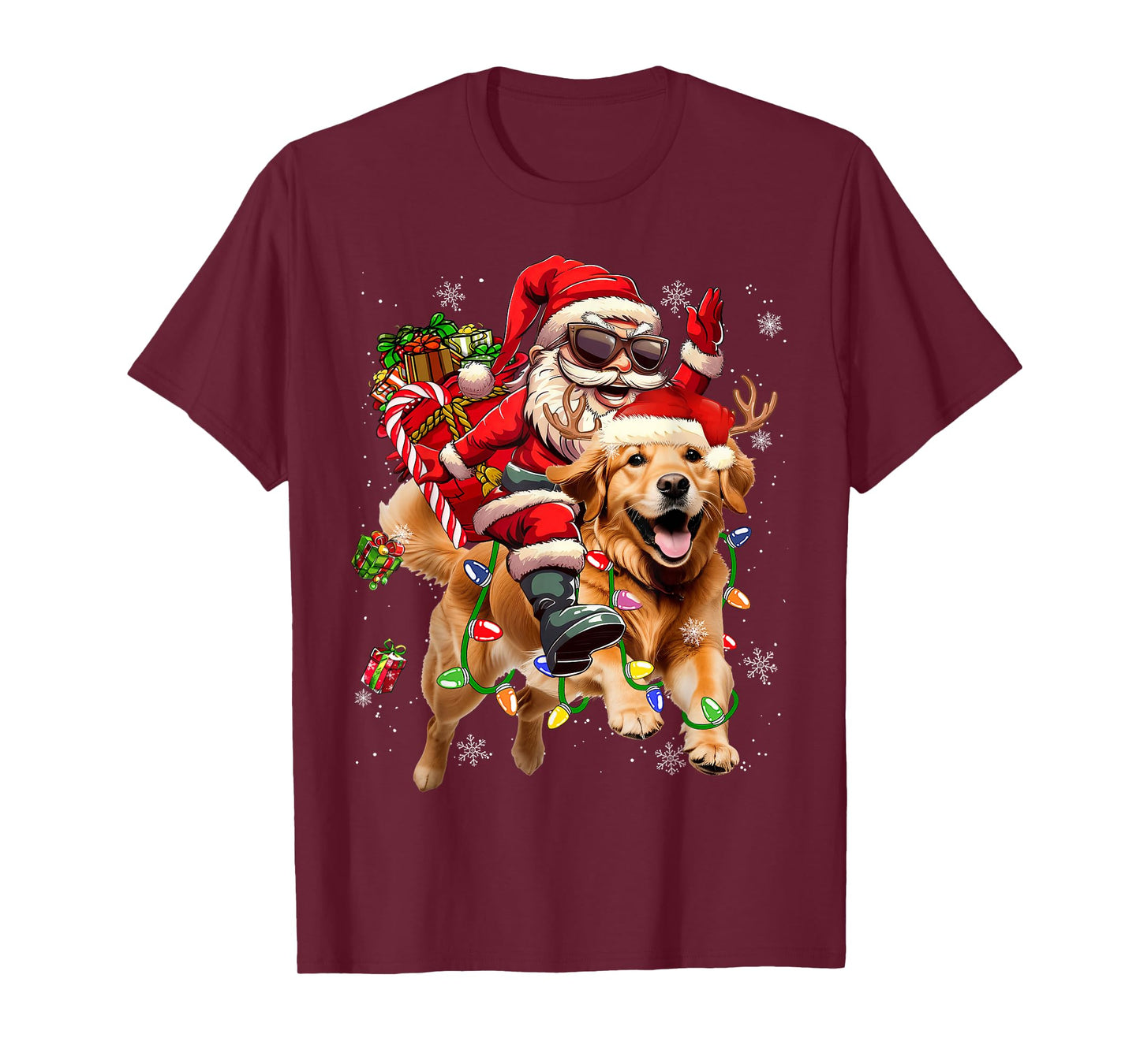 Merry Christmas 2025 Santa Riding Golden Retriever Dog Xmas T-Shirt