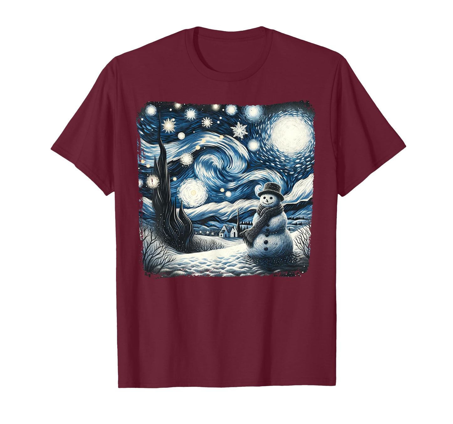 Van Gogh Starry Night Christmas Snowman Winter Snowy Night T-Shirt