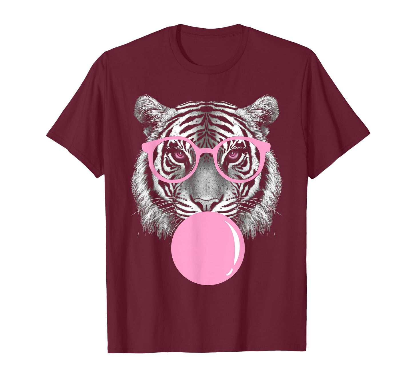 Funny Tiger Wearing Glasses and Blowing Pink Bubble Gum T-Shirt