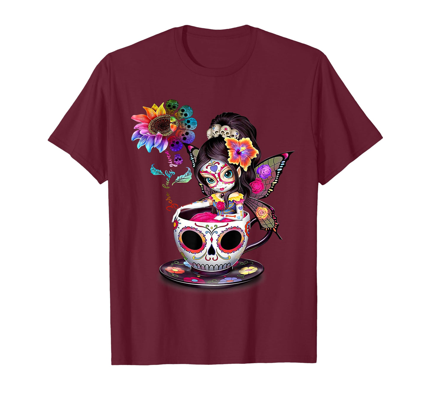 Zero Fucks Given Sugar Skull Rainbow Sunflower Skeleton T-Shirt