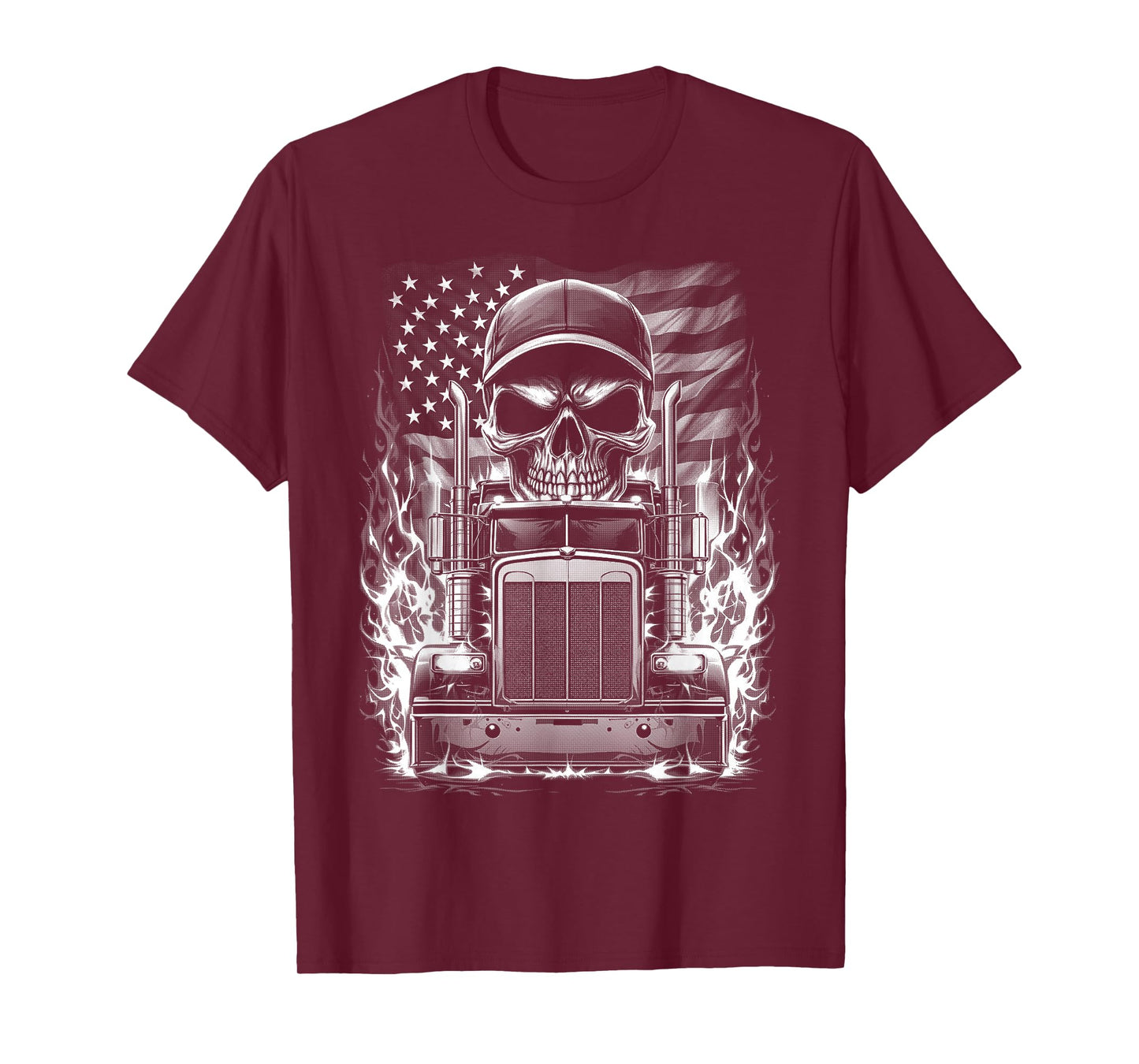 Trucker Patriotic American Flag Semi Truck Driver Skull T-Shirt