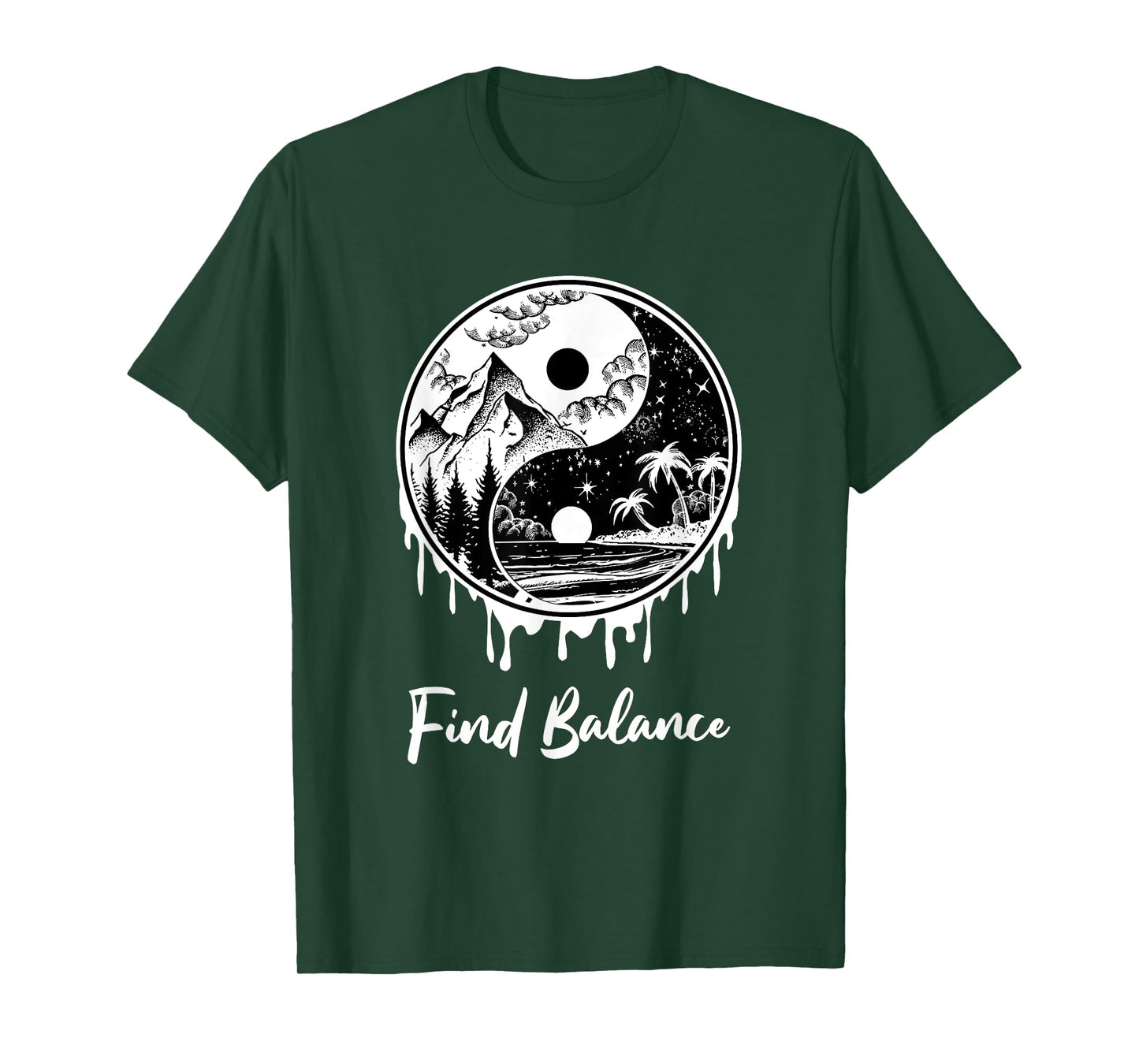 Yin Yang Find Balance Symbol Nature Night Day Mountain Beach Men Women T-Shirt