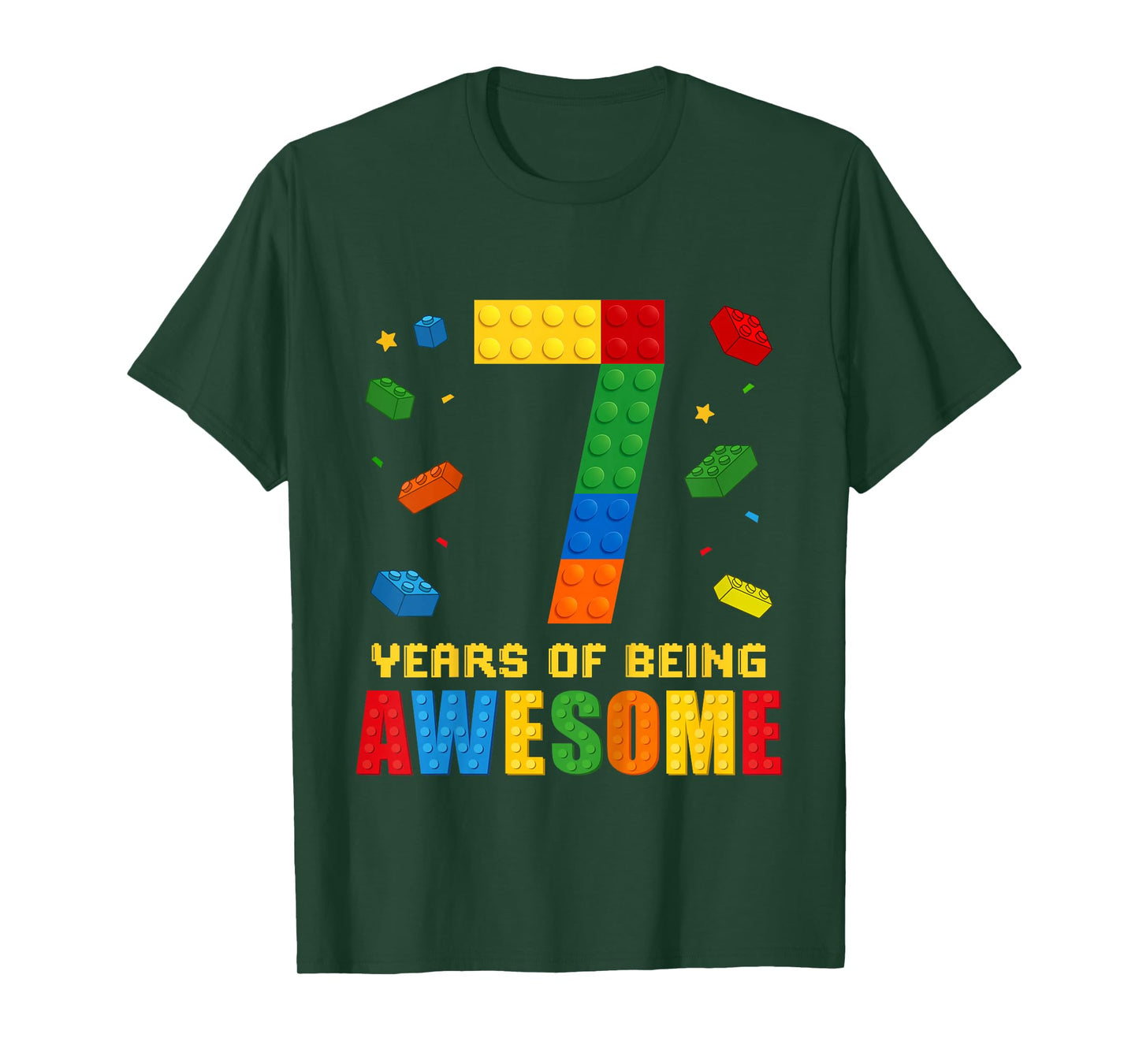Kids 7 Year Old Birthday Boy Being Awesome Building Bricks 7th T-Shirt