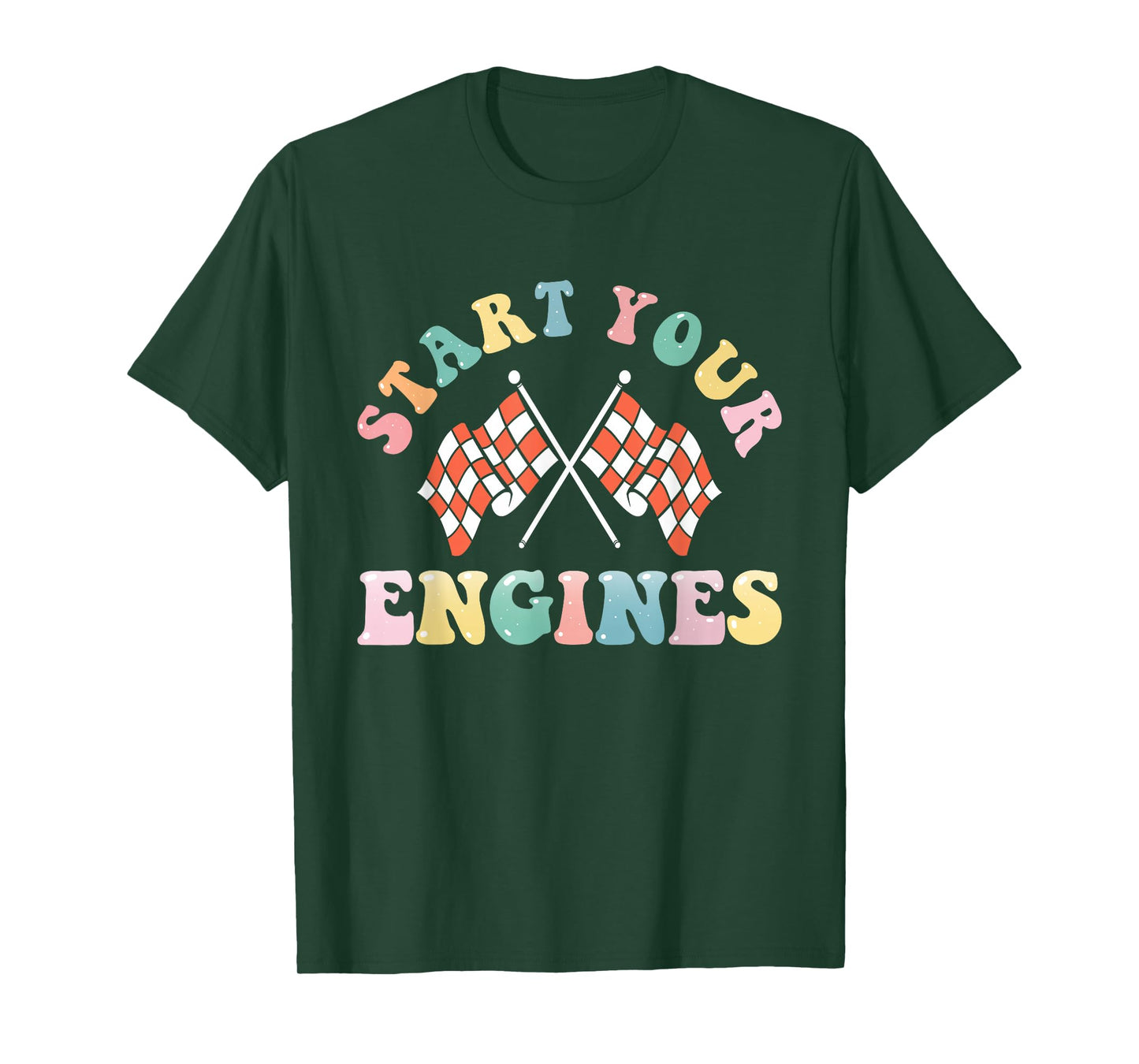 Start Your Engines Retro Groovy Checkered Flag Race Car Girl T-Shirt