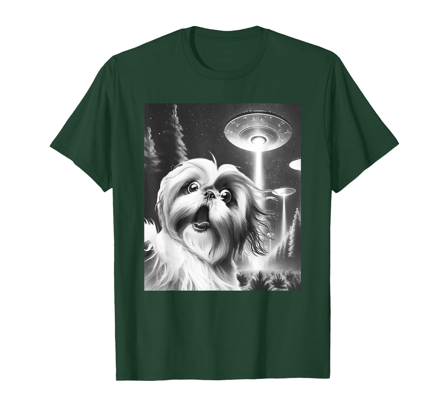 Funny Shih Tzu Alien UFO Taking a Selfie Dog Mom Dad Men Women Girls Kids T-Shirt