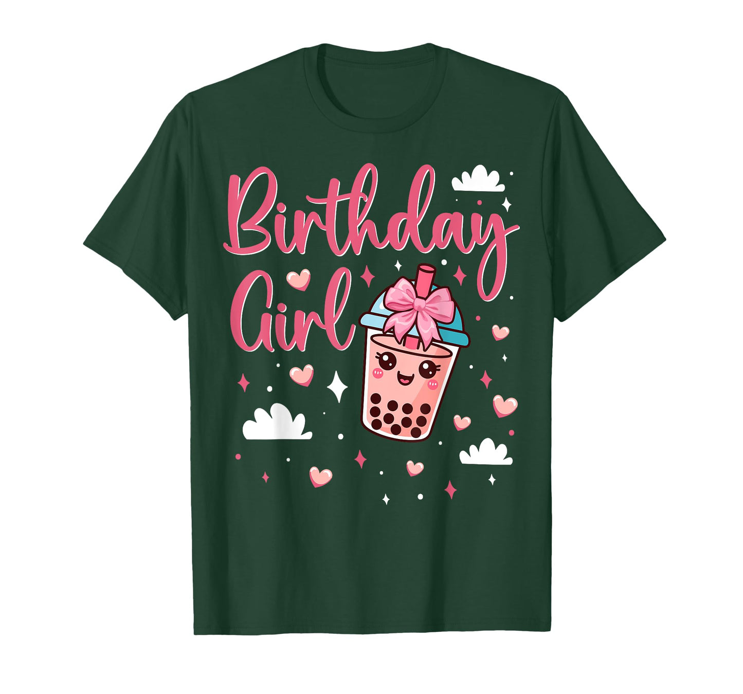 Happy Birthday Girl Cute Pink Bow Bubble Boba Tea Anime T-Shirt