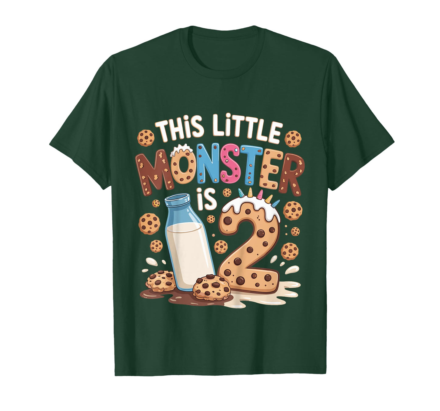Kids This Little Monster Is 2 Birthday Milk 2nd Bday Boy Girl T-Shirt
