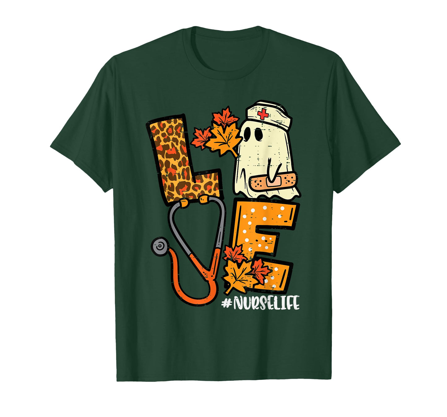 Leopard Ghost Nurse Halloween Costume Fall Scrub Top Women T-Shirt