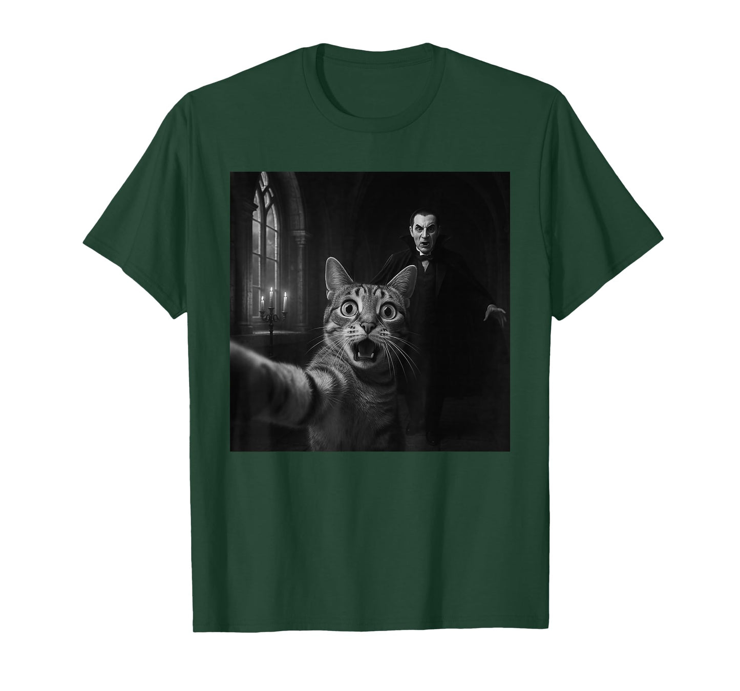 Funny Halloween Surprised Scared Cat Selfie Dracula Vampire T-Shirt