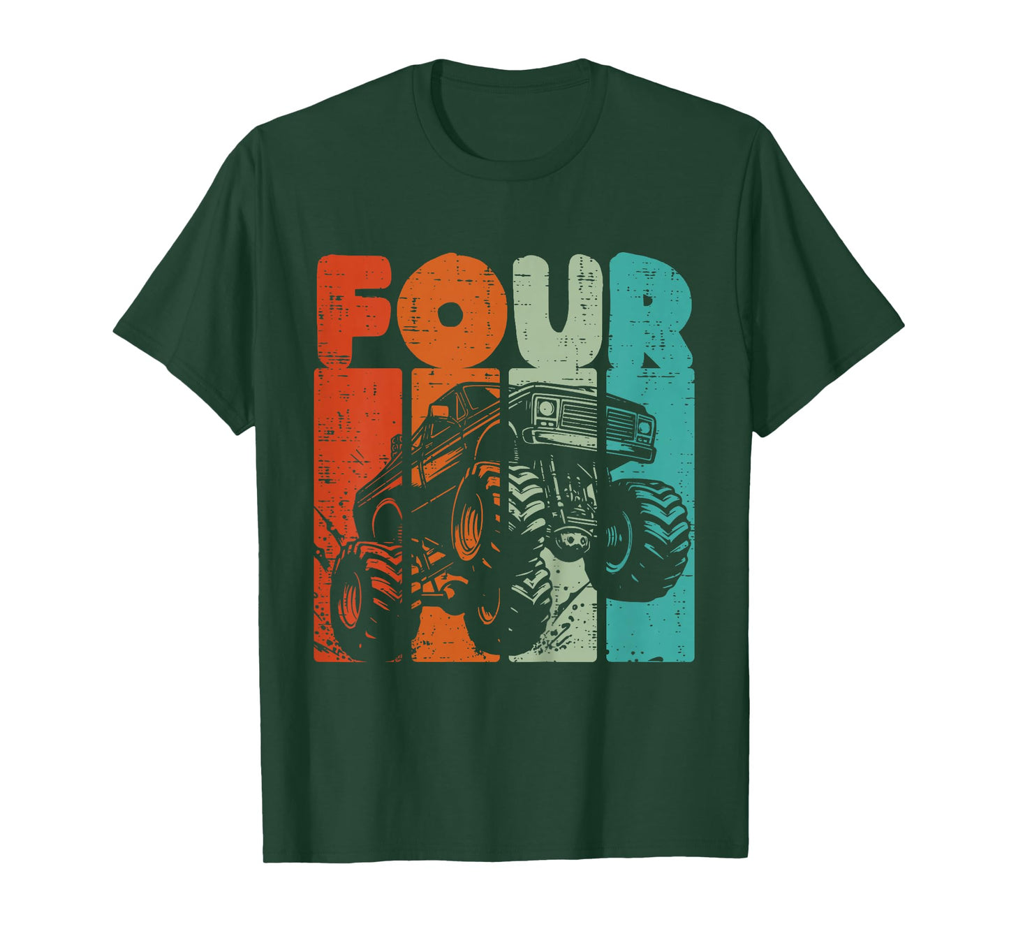 Kids 4th Birthday Monster Truck Four Retro 4 Year Old Bday Boys T-Shirt