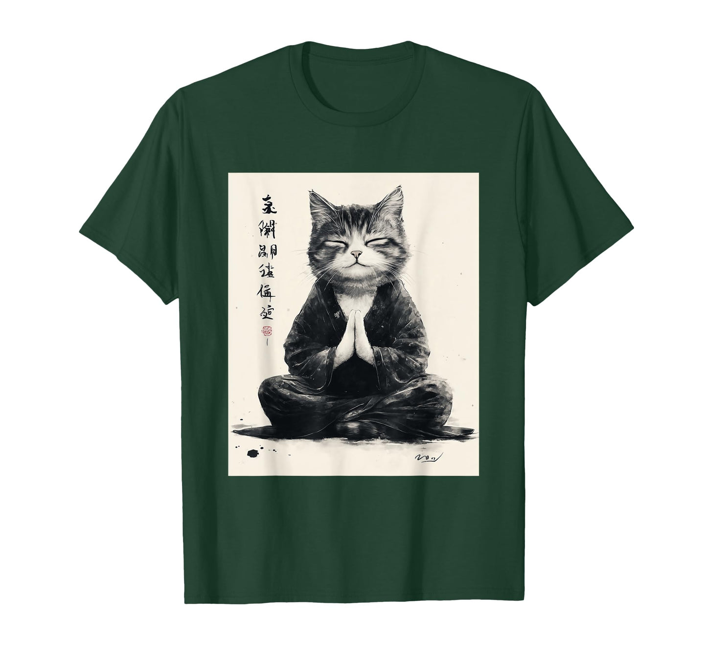 Zen Cat T-Shirt - Meditating Japanese Art Style Graphic Tee T-Shirt for Men Women Kids