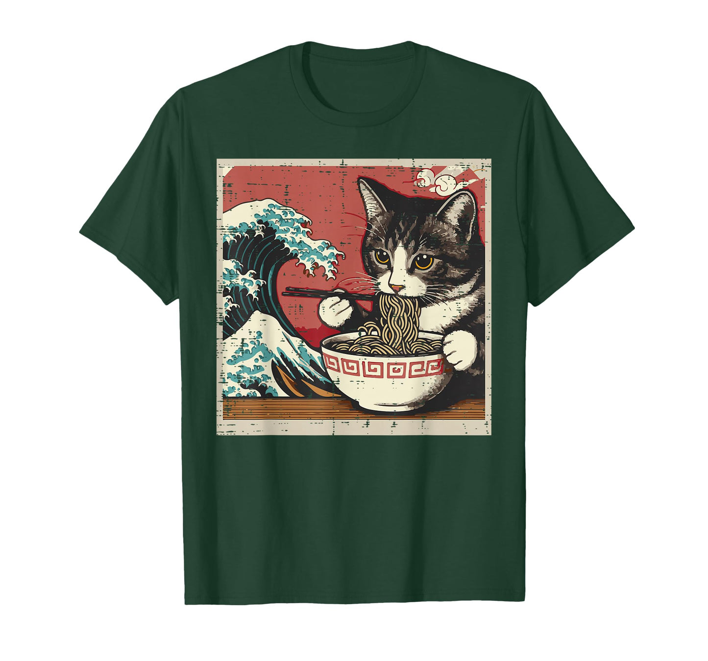 Cat Eating Ramen Great Wave Japanese Food Art Women Men Kids T-Shirt