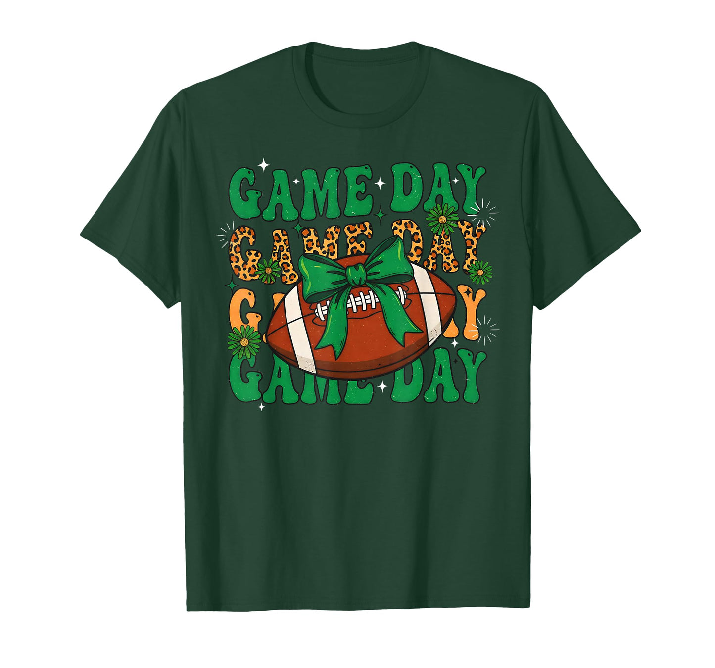 Green Leopard Game Day Football Bow Touchdown Season T-Shirt