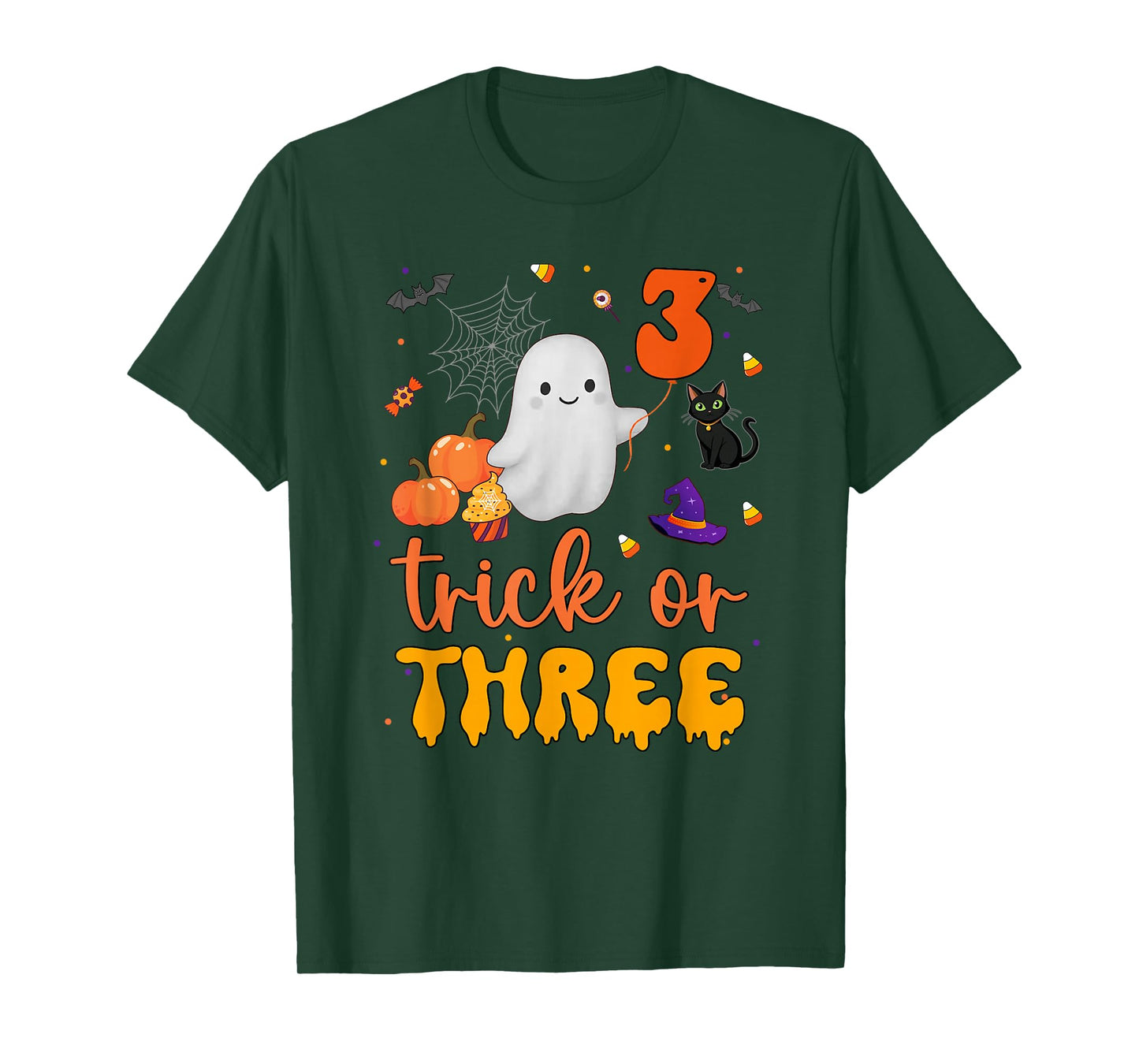 Trick or Three Ghost Pumpkins Cat Halloween 3rd Birthday Boy T-Shirt