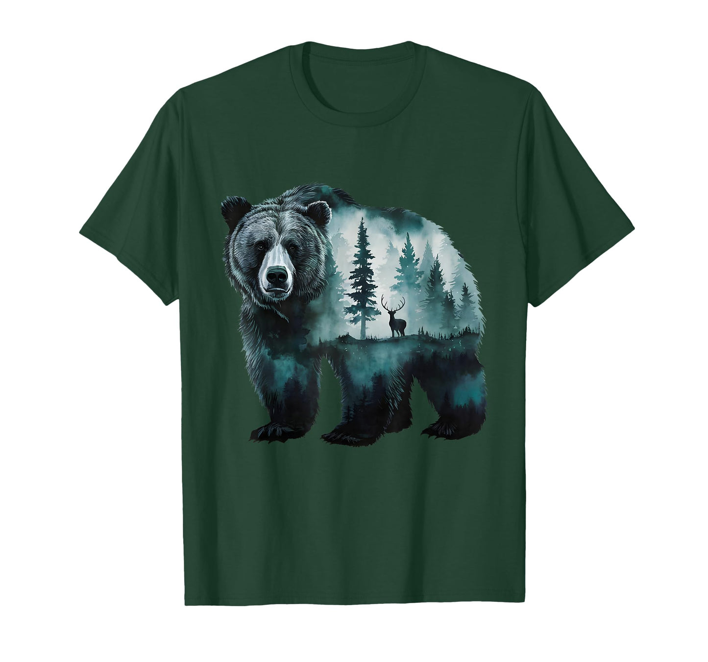 Majestic Grizzly Bear Deer Forest Scenic Nature Wildlife Art T-Shirt