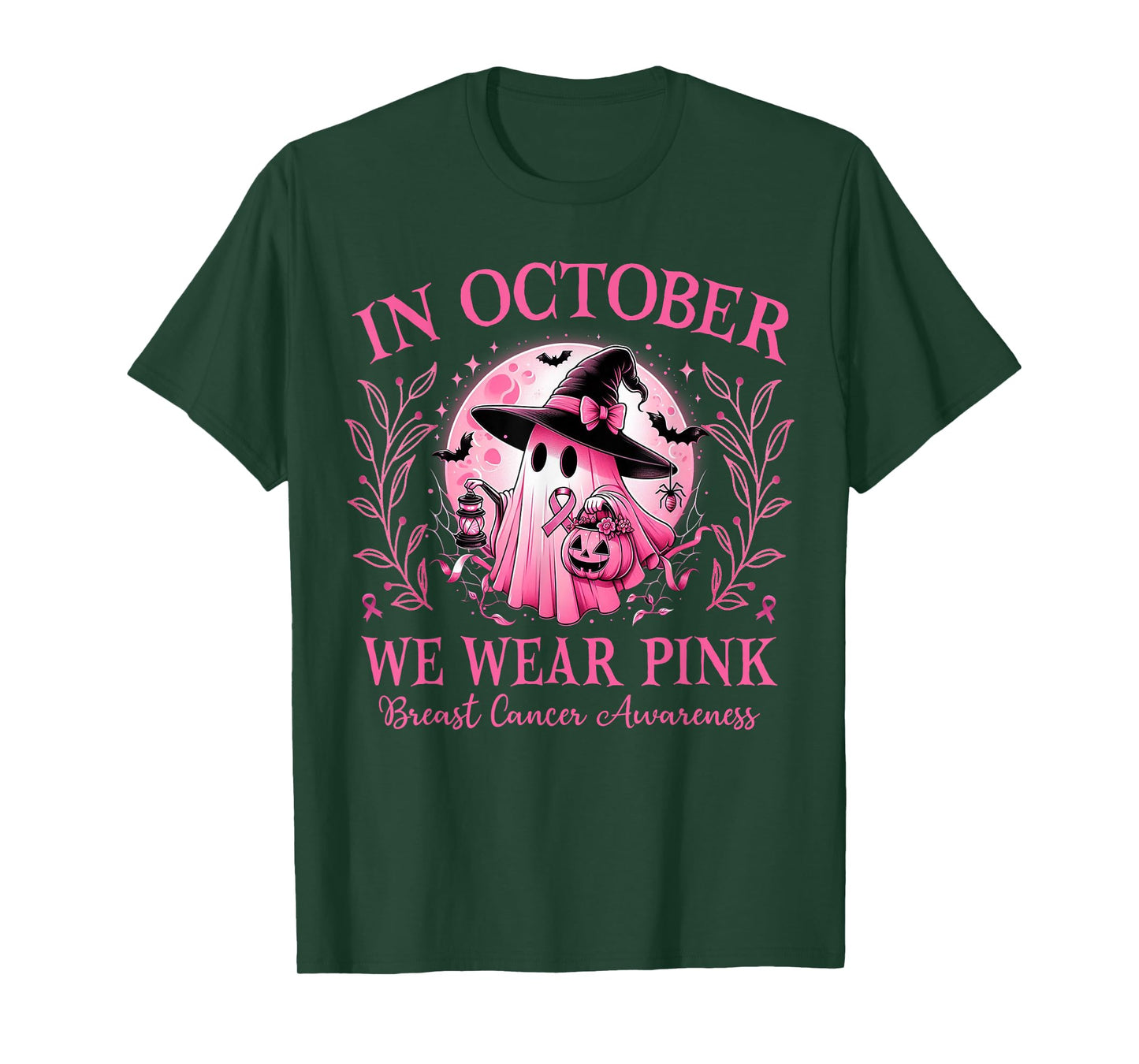 In October We Wear Pink Ghost Witch Breast Cancer Halloween T-Shirt