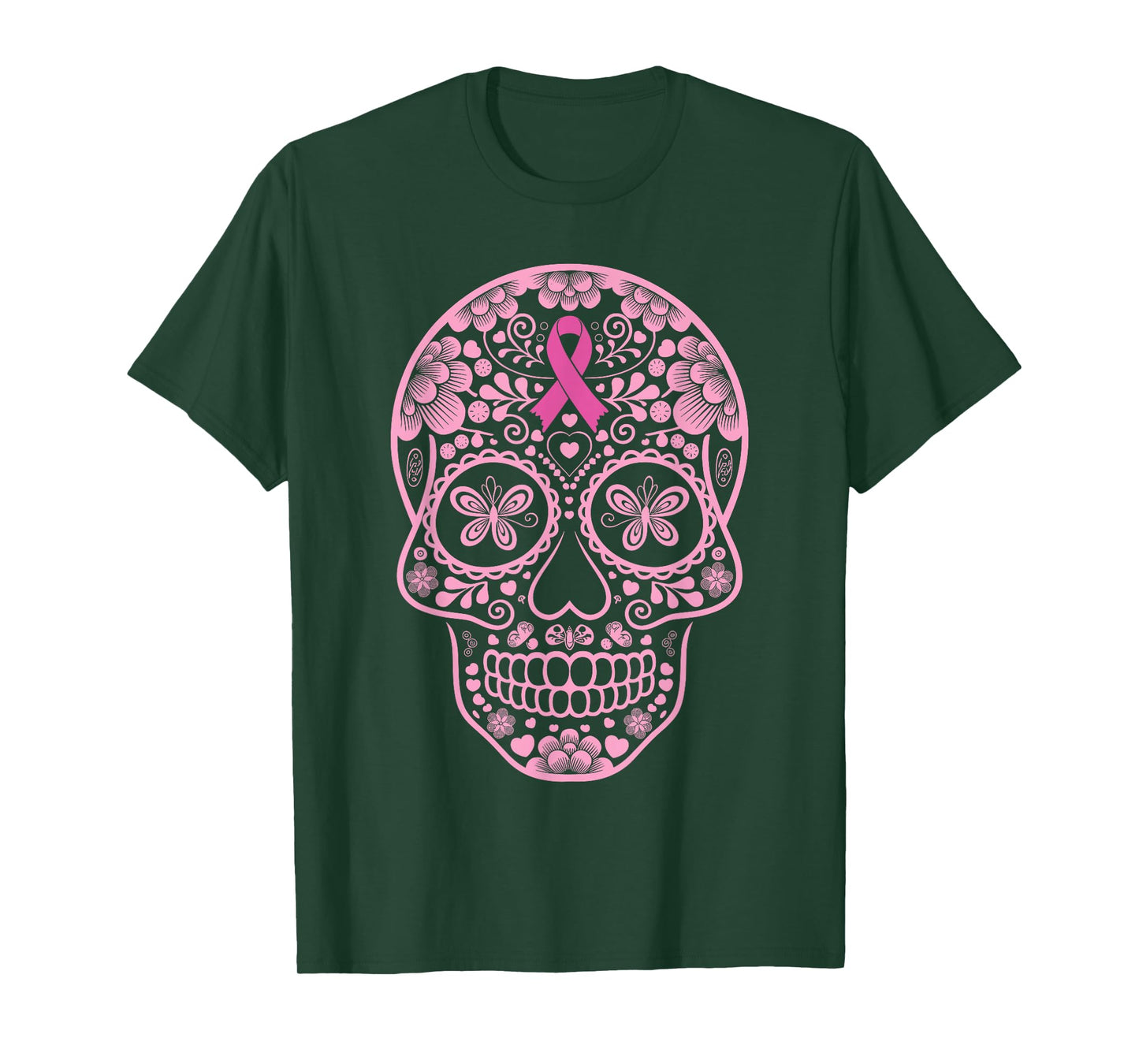 Sugar Skull Pink Ribbon Calavera Breast Cancer Awareness T-Shirt