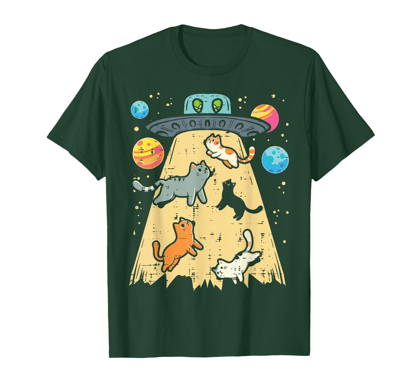 Alien Abduction Cats UFO Flying Saucer Space Women Girls Kid T-Shirt