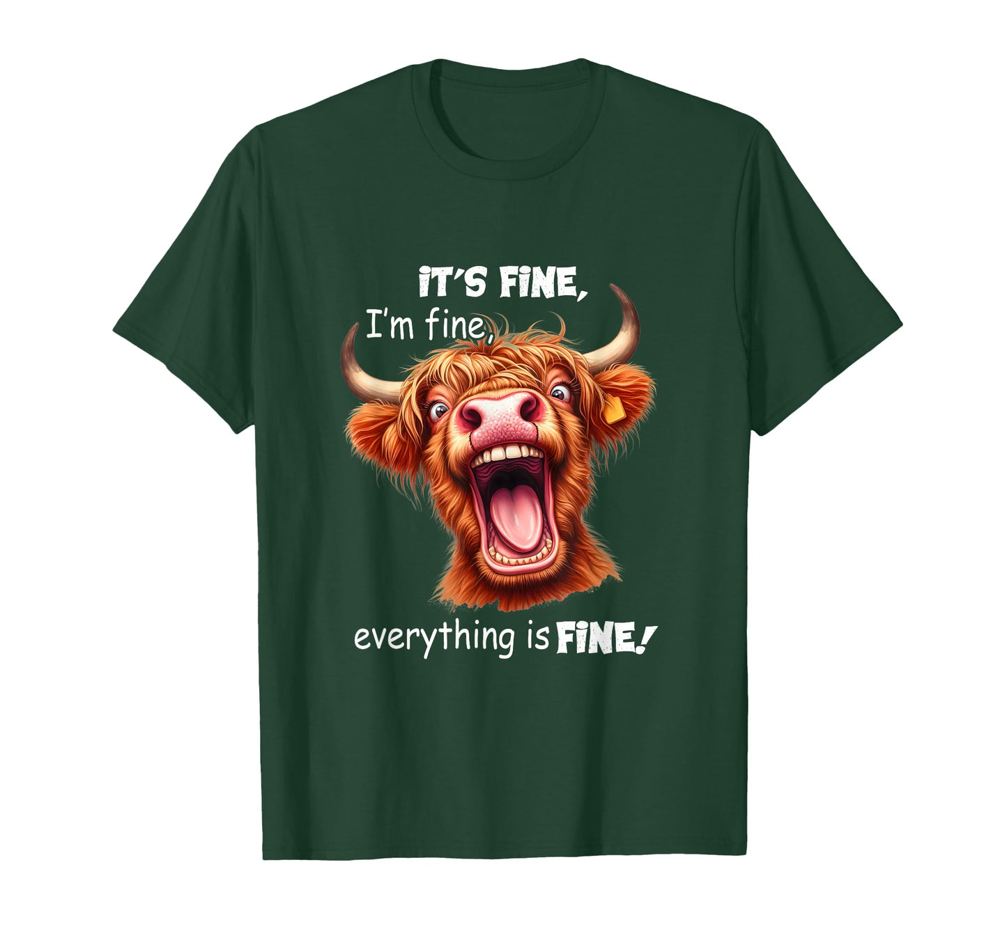 Funny Highland Cow It's Fine I'm Fine Everything Is Fine T-Shirt, Small, Black