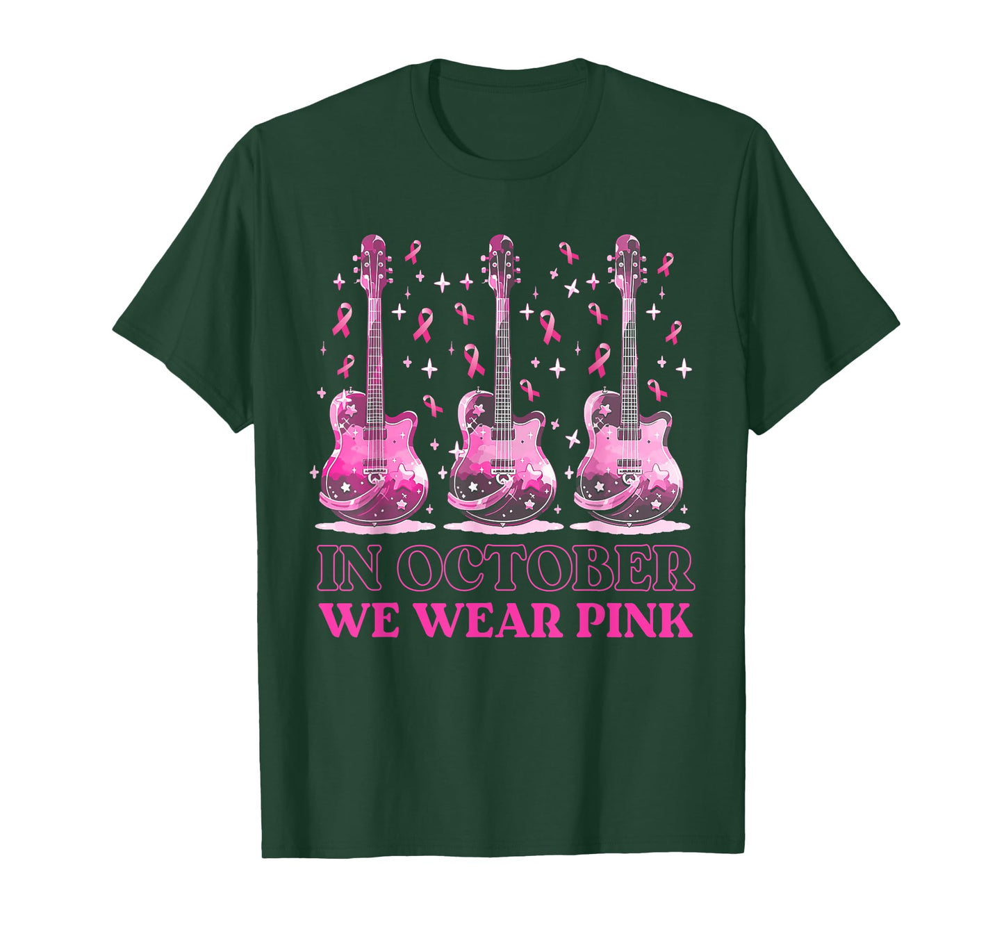 In October We Wear Pink Ribbon Guitar For Breast Cancer T-Shirt