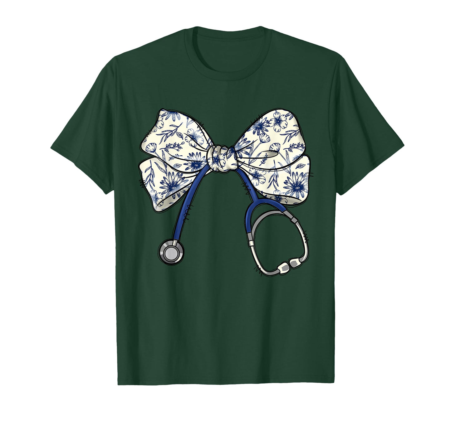Floral Blue Coquette Bow Nurse Stethoscope Nursing Doctor T-Shirt