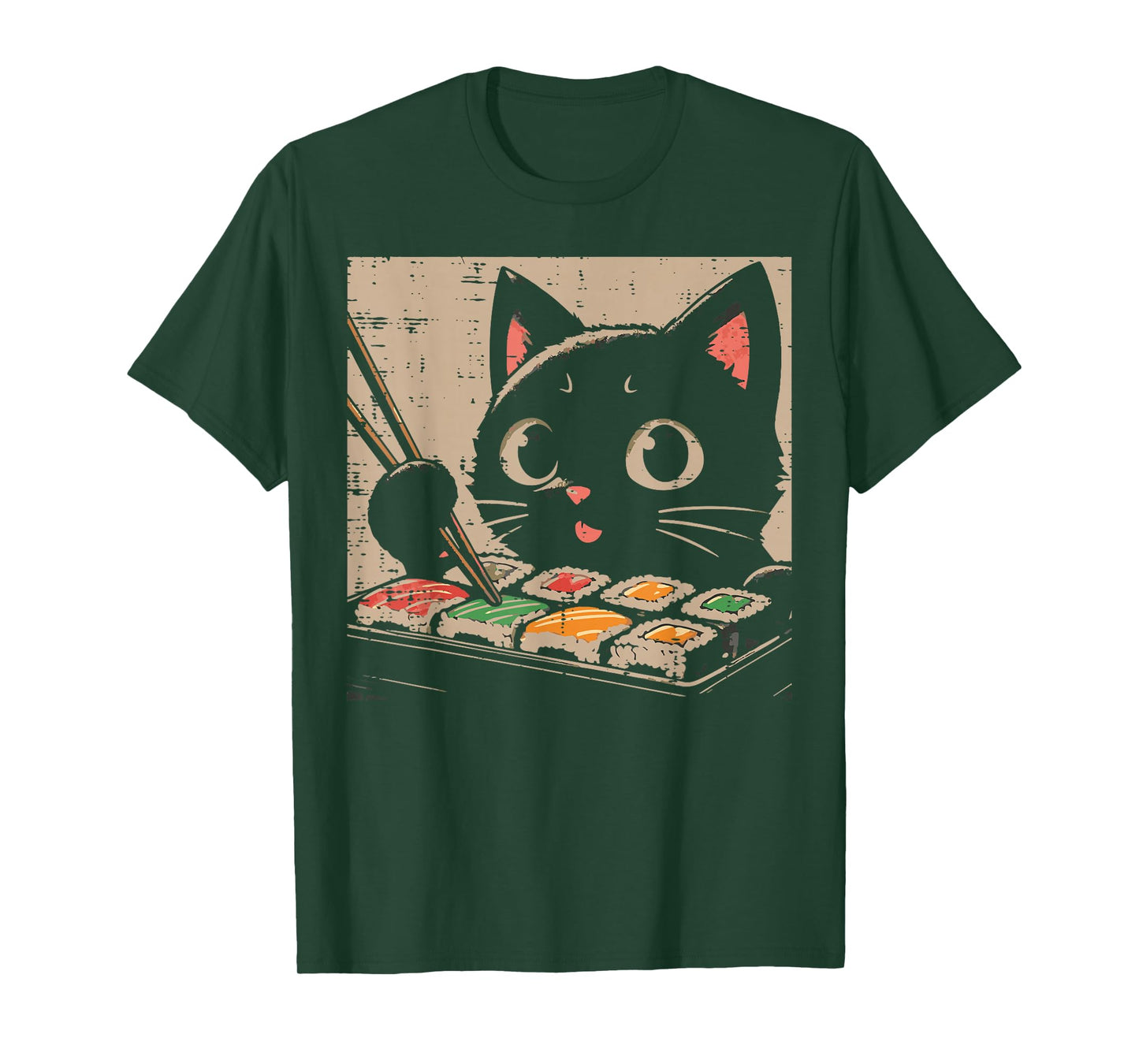 Black Cat Eating Sushi Kawaii Japanese Food Women Girls Kids T-Shirt